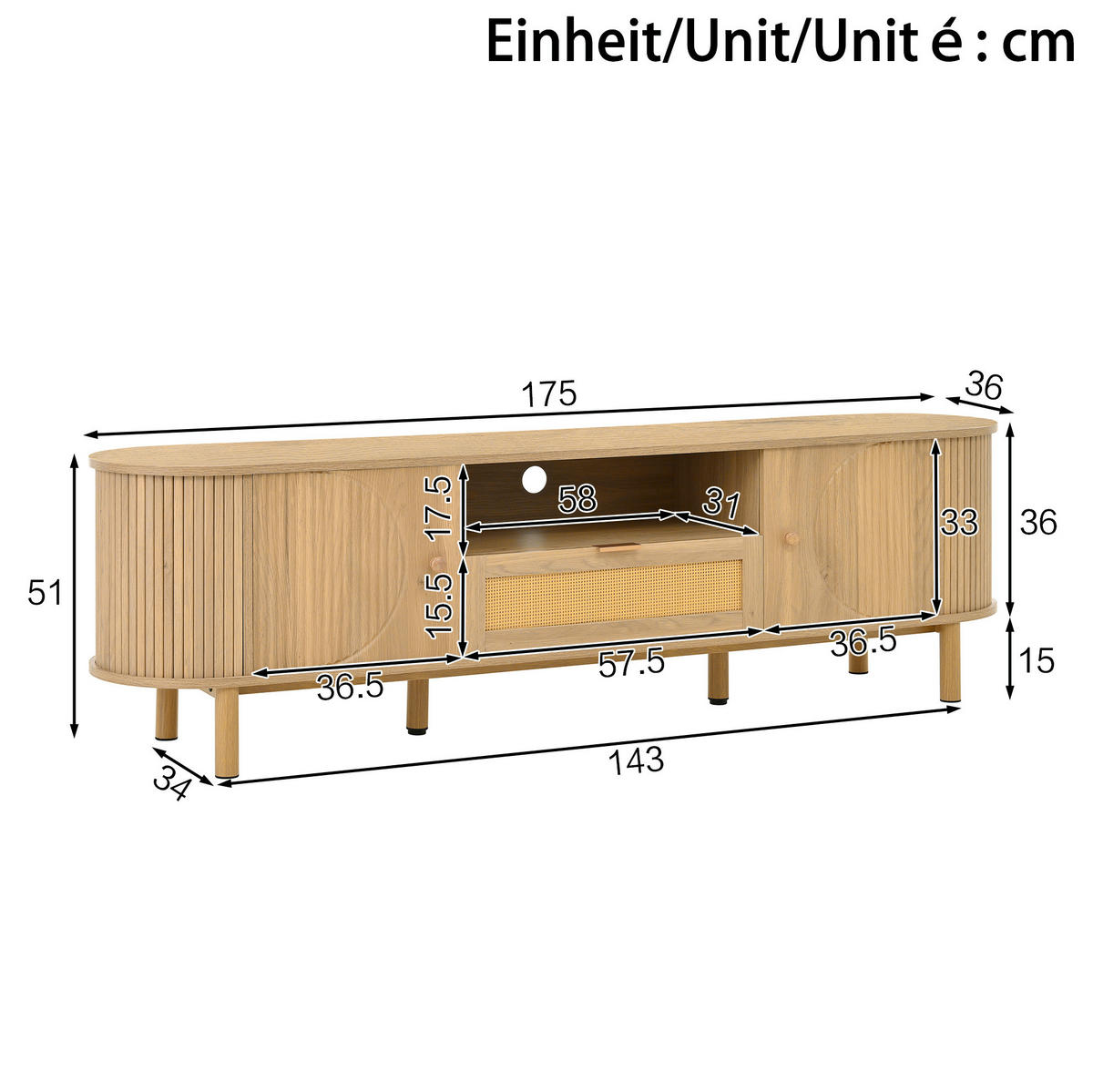 TV-SCHRANK mit Rattanschublade 175 x 36 x 51 cm MDF Natur - Braun, Holzwerkstoff (36/51/175cm) - Beauniv