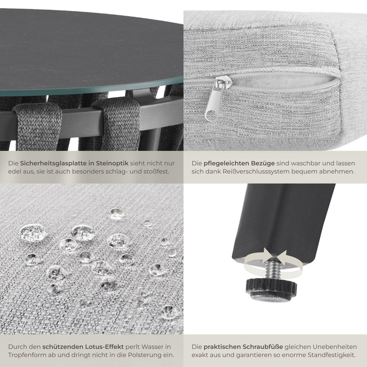 GARTENLOUNGE-SET aus Aluminium Lugano, höhenverstellbare Kunststofffüße, Sicherheitsglasplatte, anthrazit/grau - Anthrazit/Grau, Kunststoff - tectake