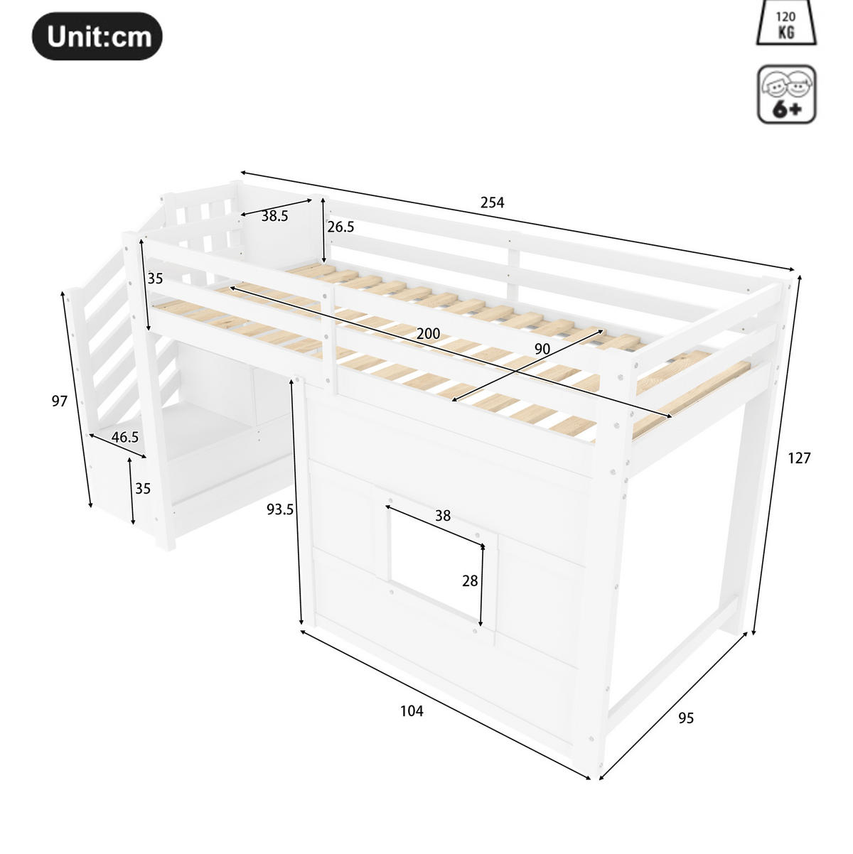 HOCHBETT 90/200 cm, Weiß mit Stauraumtreppe, Fenster und LED - Weiß, Holz (90/200cm) - MIVRAY