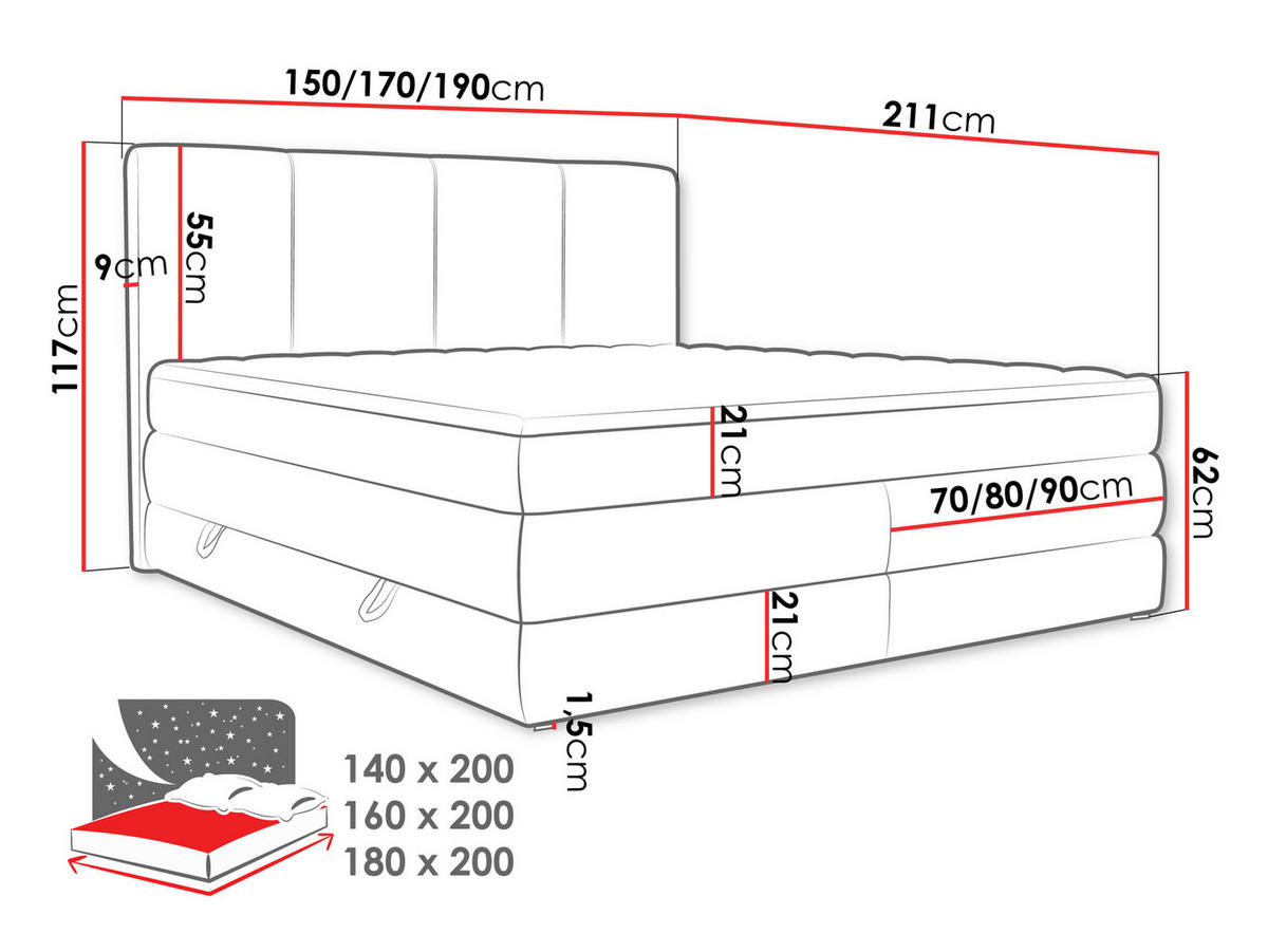 BOXSPRINGBETT Point - Anthrazit, Holz/Holzwerkstoff (180/200cm) - MIRJAN24