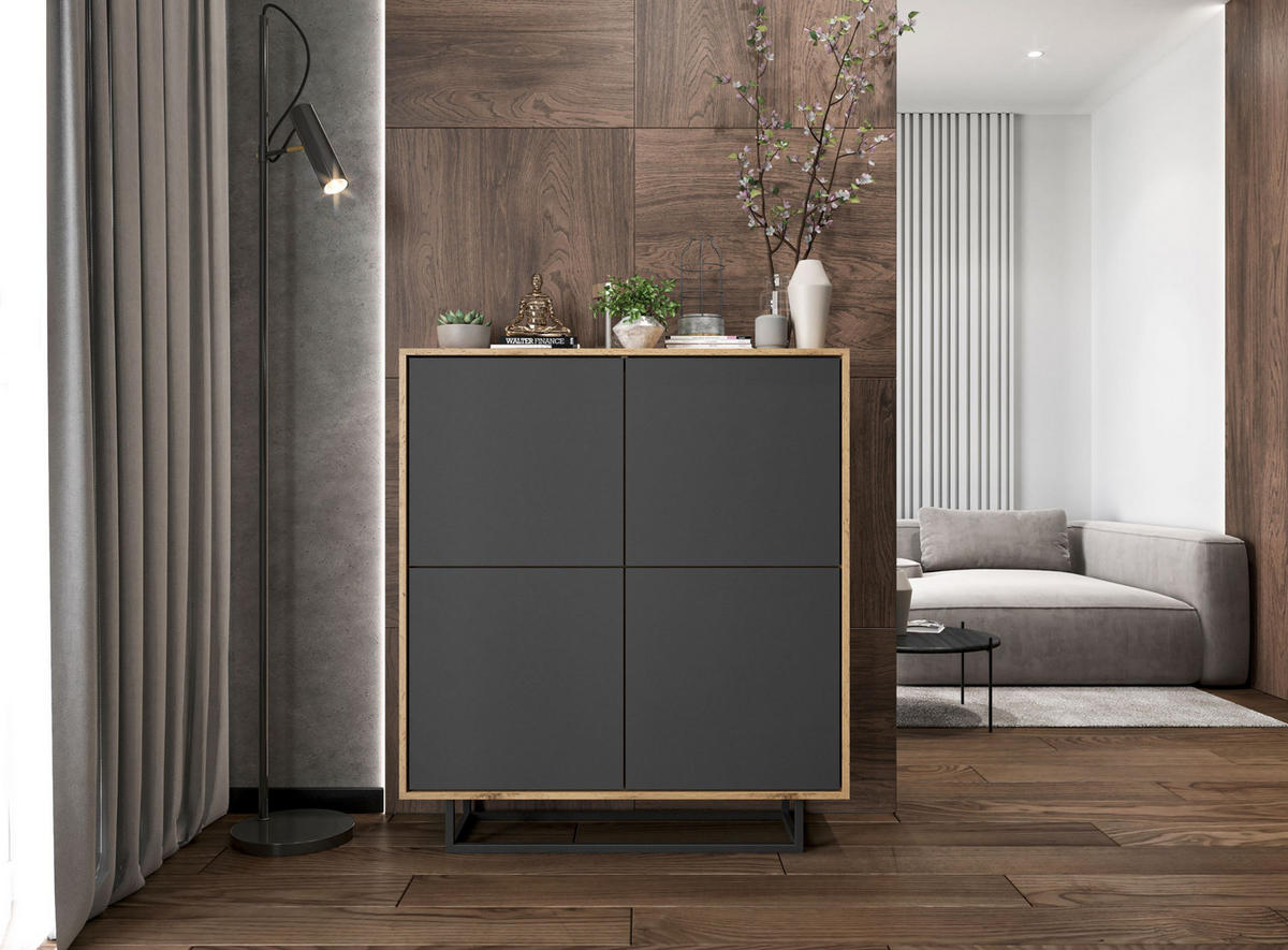KOMMODE Apollo 4D Eiche wotan Graphit Matt 113 cm - Graphitfarben/Schwarz, Holzwerkstoff/Metall (113/127/35cm) - Meble Lindner