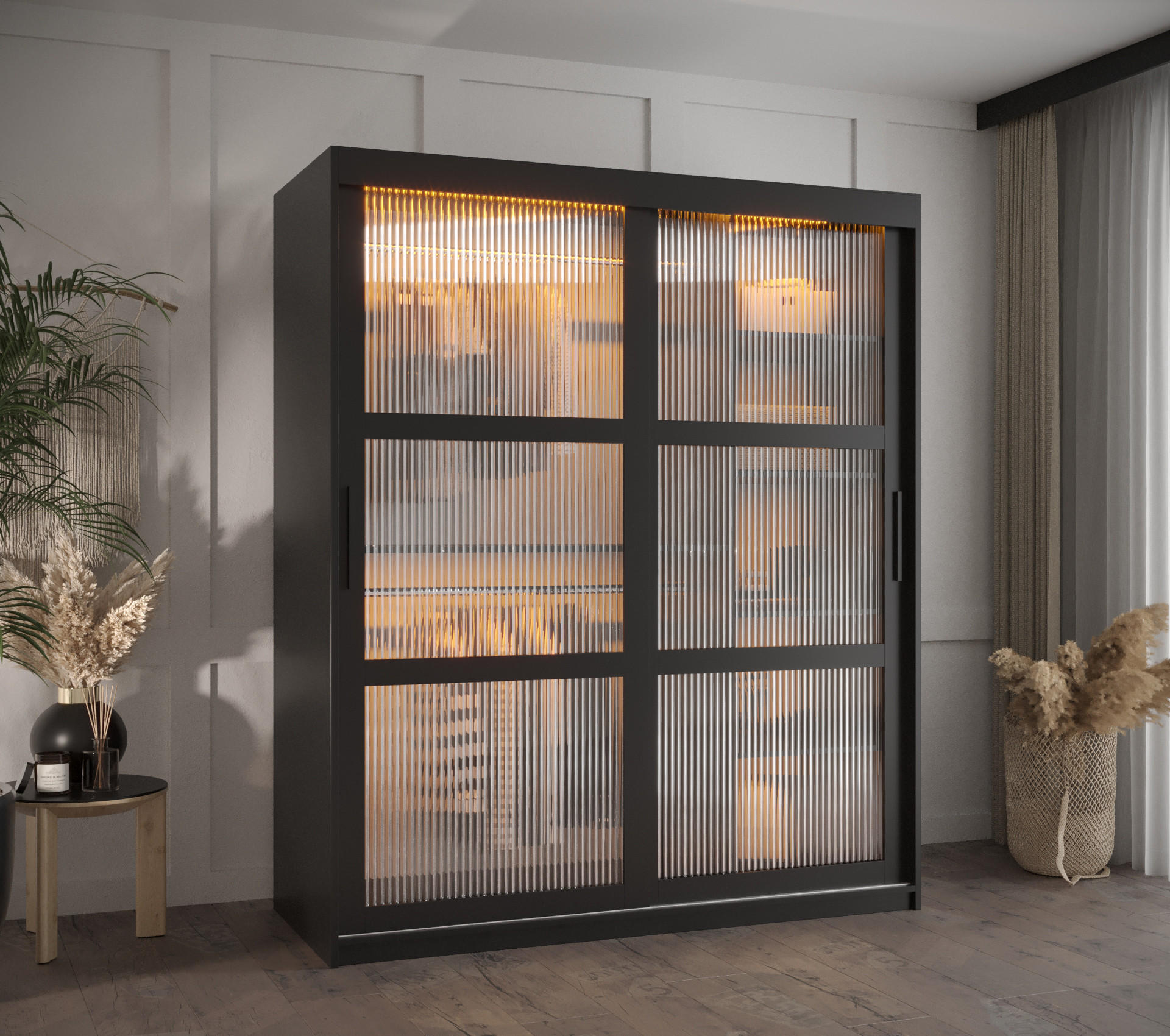 SCHWEBETÜRENSCHRANK 200/150/62 2-türig - Schwarz, Holz/Kunststoff (150/200/62cm) - Abiks Möbel