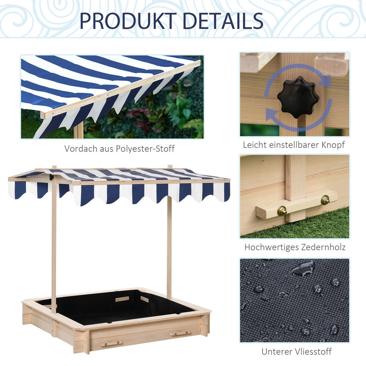 SANDKASTEN, Natur+Blau+Weiß, Tannenholz, Polyester-Stoff - Naturfarben, Holz (106/106/115cm) - Outsunny