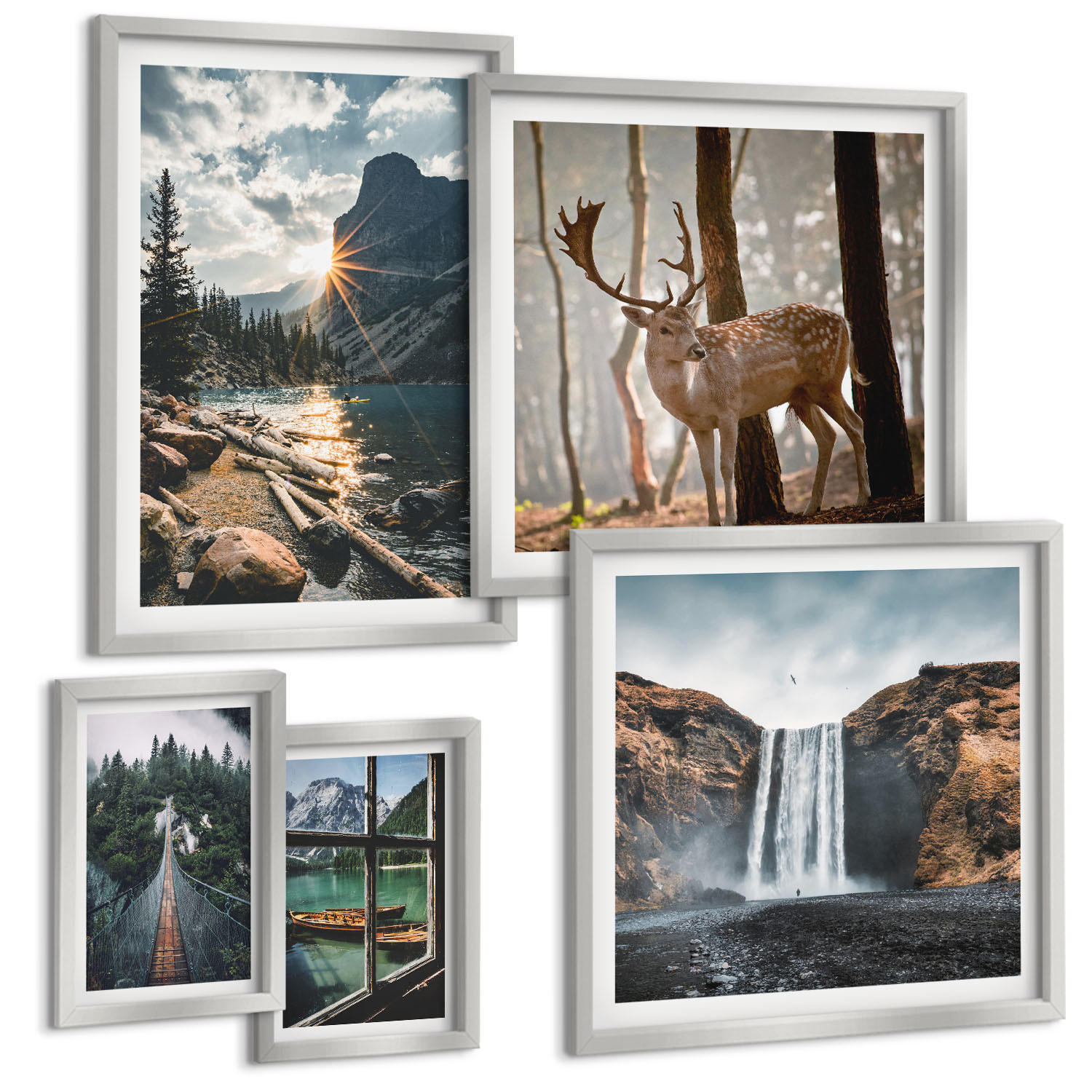 BILDER SET 5er Set - 50x50 cm & 20x30 cm & 40x60 cm Silberner Rahmen - Blumenarrangements in Vasen - Silberfarben, Kunststoff (40/60cm) - TULUP