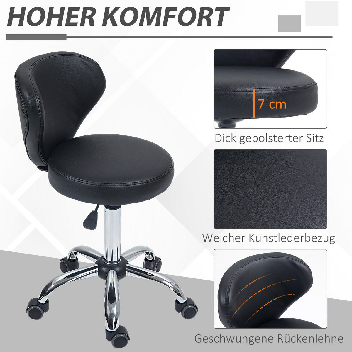 ROLLHOCKER in Schwarz 45x54x88 cm, höhenverstellbar mit Rückenlehne und 5 Rollen - Schwarz, Kunststoff (54/88/45cm) - IVMEU