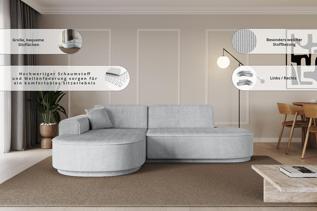 ECKSOFA Ottomane Links MARI-L1 - 232x163x81 cm Grau Cord - Schwarz/Grau, Holzwerkstoff/Kunststoff (163/234cm) - ALTDECOR