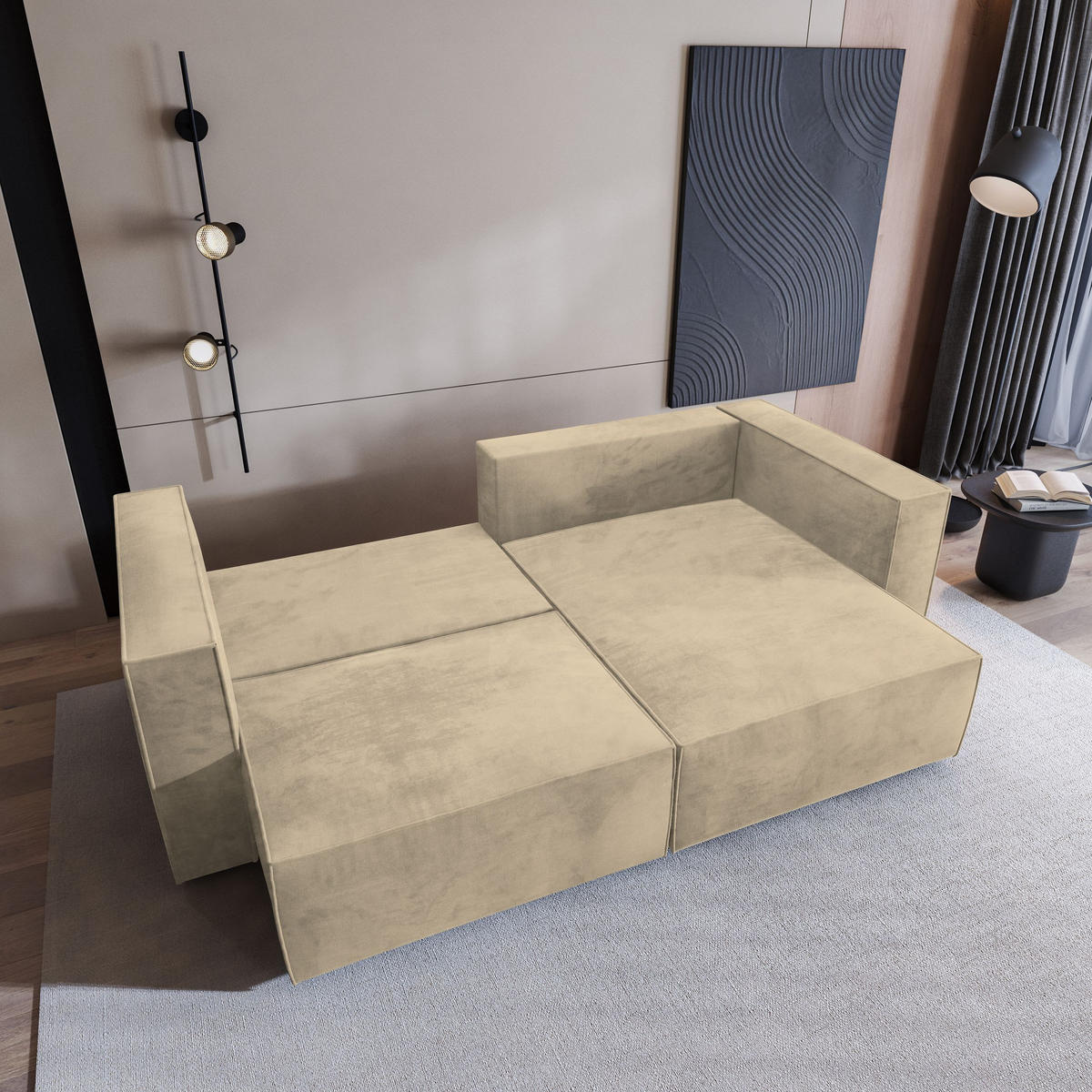 ECKSOFA NERIO M Creme Velours-Stoff mit Schlaffunktion - Creme, Holz (245/148cm) - MASSENO