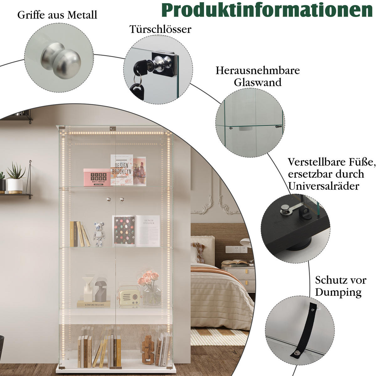 GLASVITRINE, Doppeltüren mit Schloss, 4 Einlegeböden, LED-Lichtleiste, Weiß - Weiß, Glas (78.5/163/35cm) - BRILVERDE
