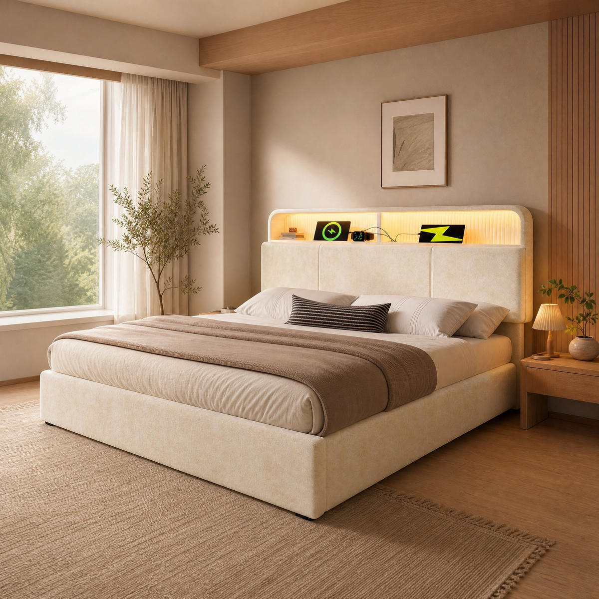 POLSTERBETT 160/200 mit Bettkasten, LED und USB & Type-C in Beige - Beige, Holzwerkstoff/Textil (160/200cm) - EVRYAE