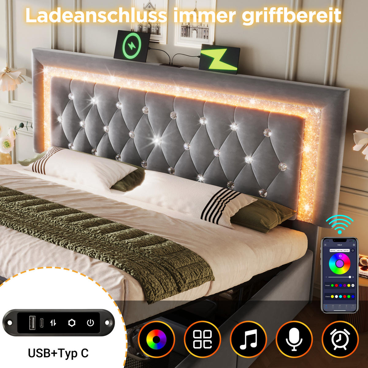 OBLAZINJENA postelja 160/200 cm z LED osvetlitvijo, USB in USB-C priključkom ter hidravličnim prostorom za shranjevanje, Siva - siva, tekstil (160/200cm) - Redom
