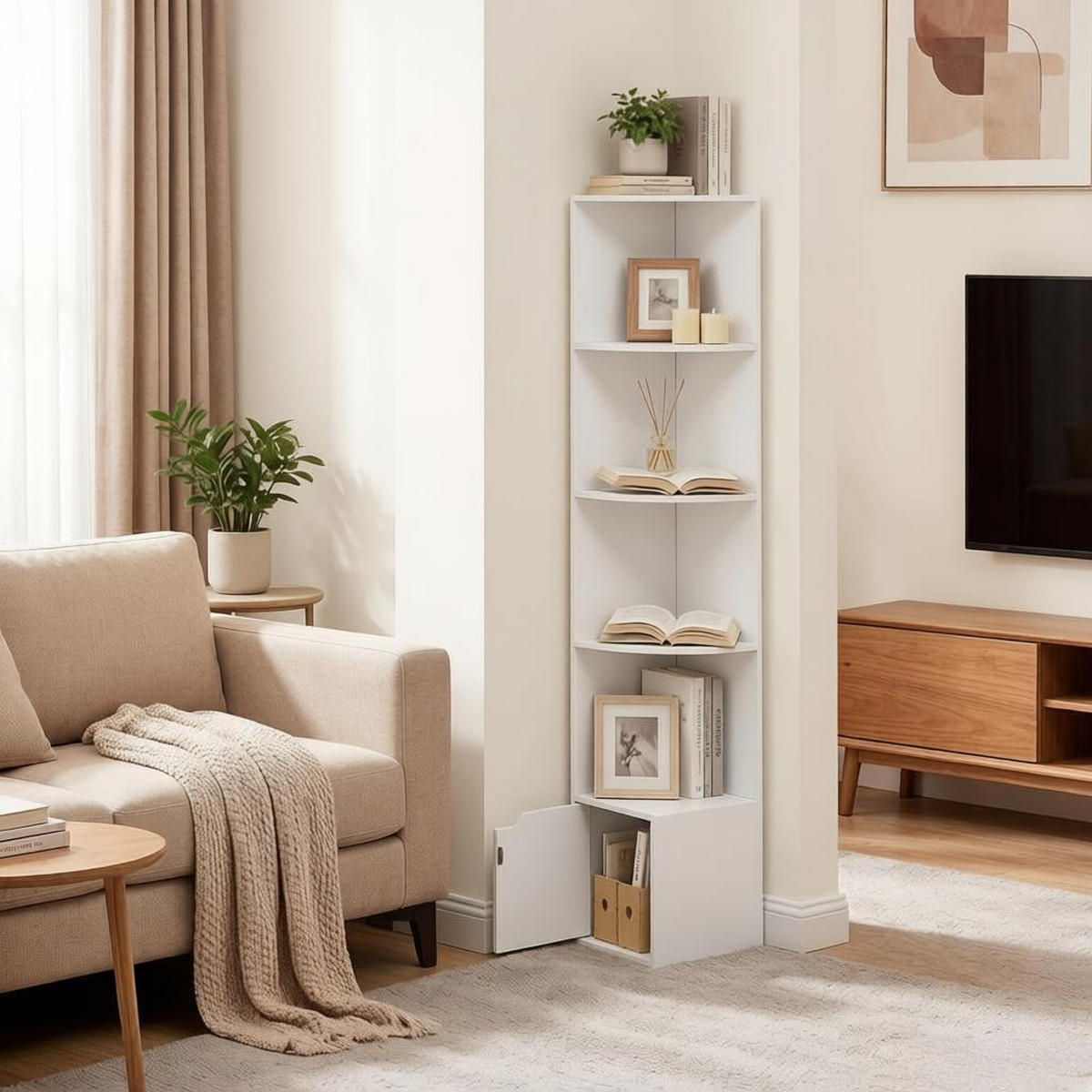 BÜCHERREGAL Weiß 5 offene Fächer und 1 Tür 29,5/29,5/157,5 cm - Weiß, Holz (29.5/157.5/29.5cm) - PANGIVO