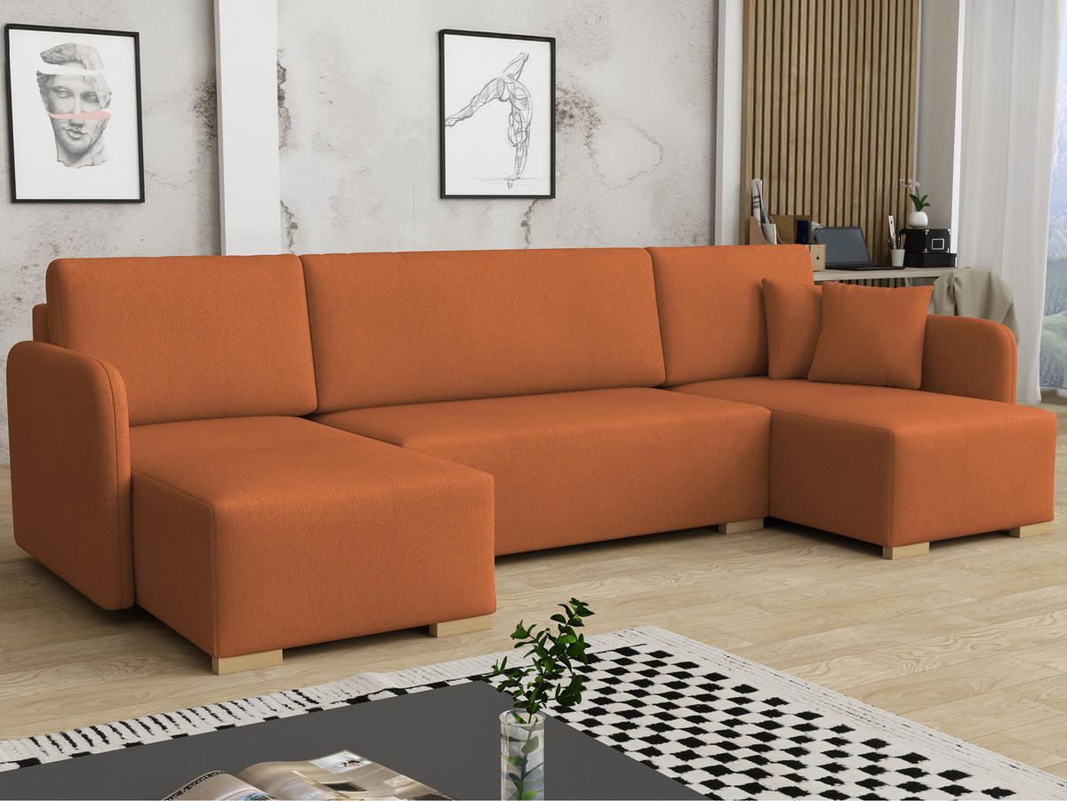 WOHNLANDSCHAFT Como U - Naturfarben/Orange, Holz/Textil (292/85/140cm) - MIRJAN24