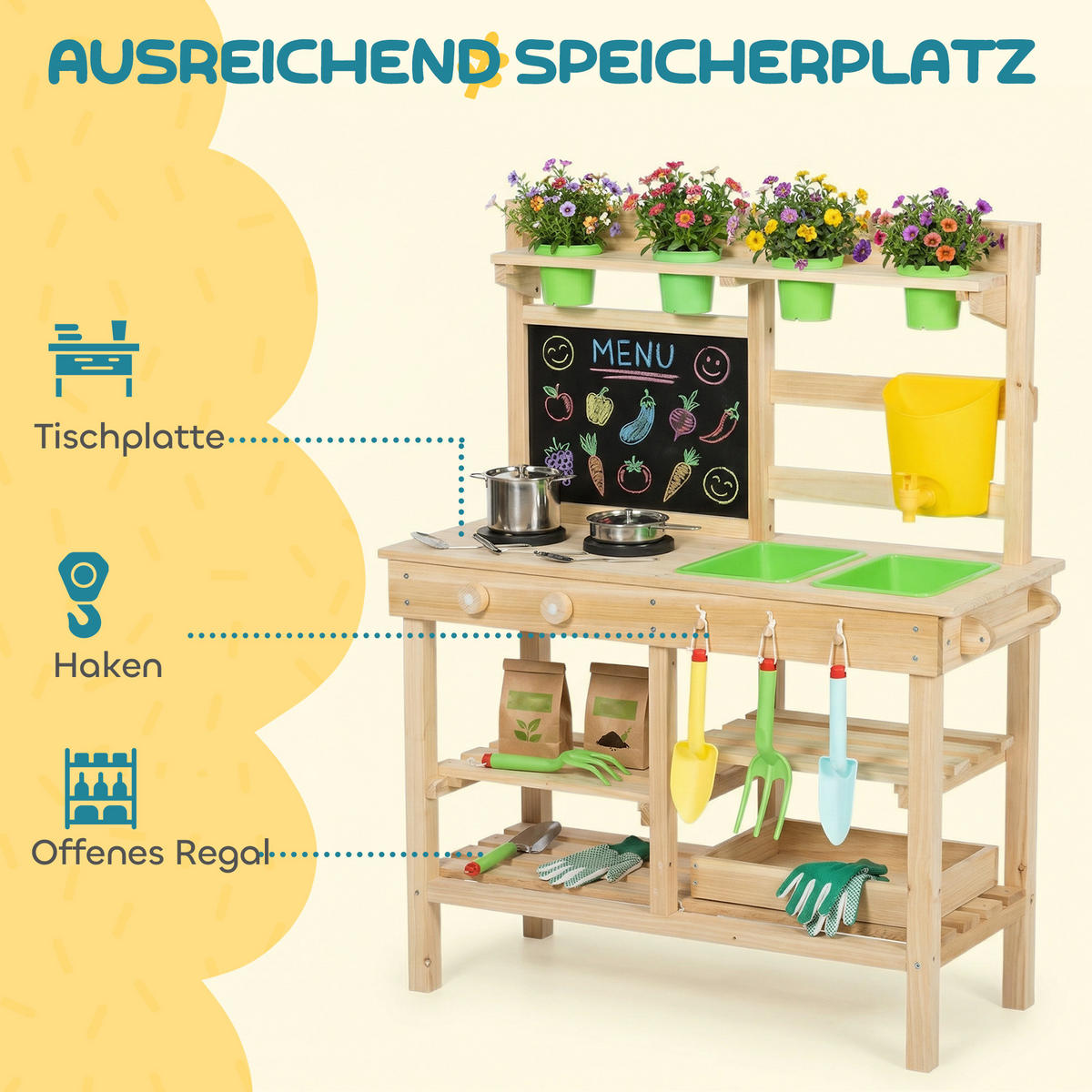 OUTDOOR-KINDER-MATSCHKÜCHE Tannenholz Kunststoff Naturholz - Naturfarben, Holz (32/77cm) - AIYAPLAY
