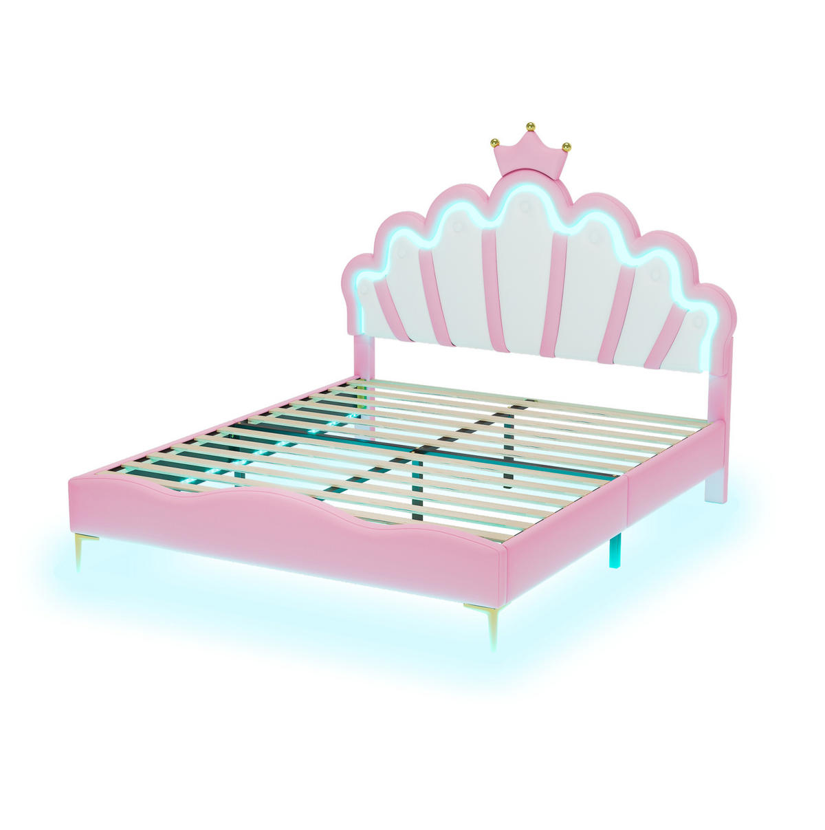 DOPPELBETT aus Kunstleder 140x200 cm Rosa mit LED-Beleuchtung und Kronen-Kopfteil - Rosa, Kunststoff (140/200cm) - IVMEU