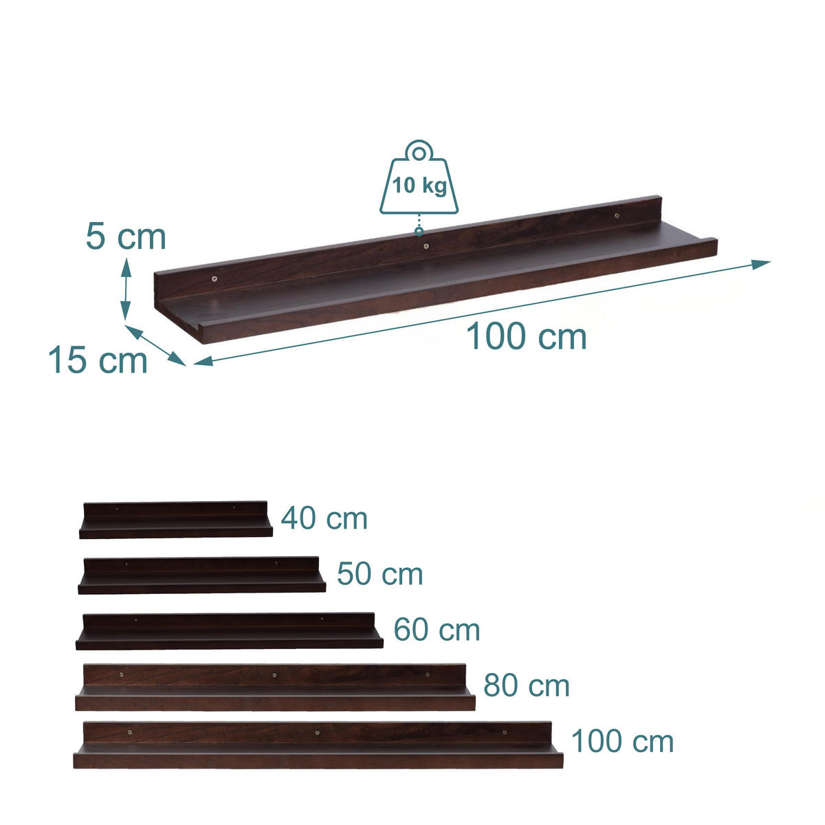 STENNÁ polica - tmavohnedá, drevo (100/5/15cm) - Relaxdays
