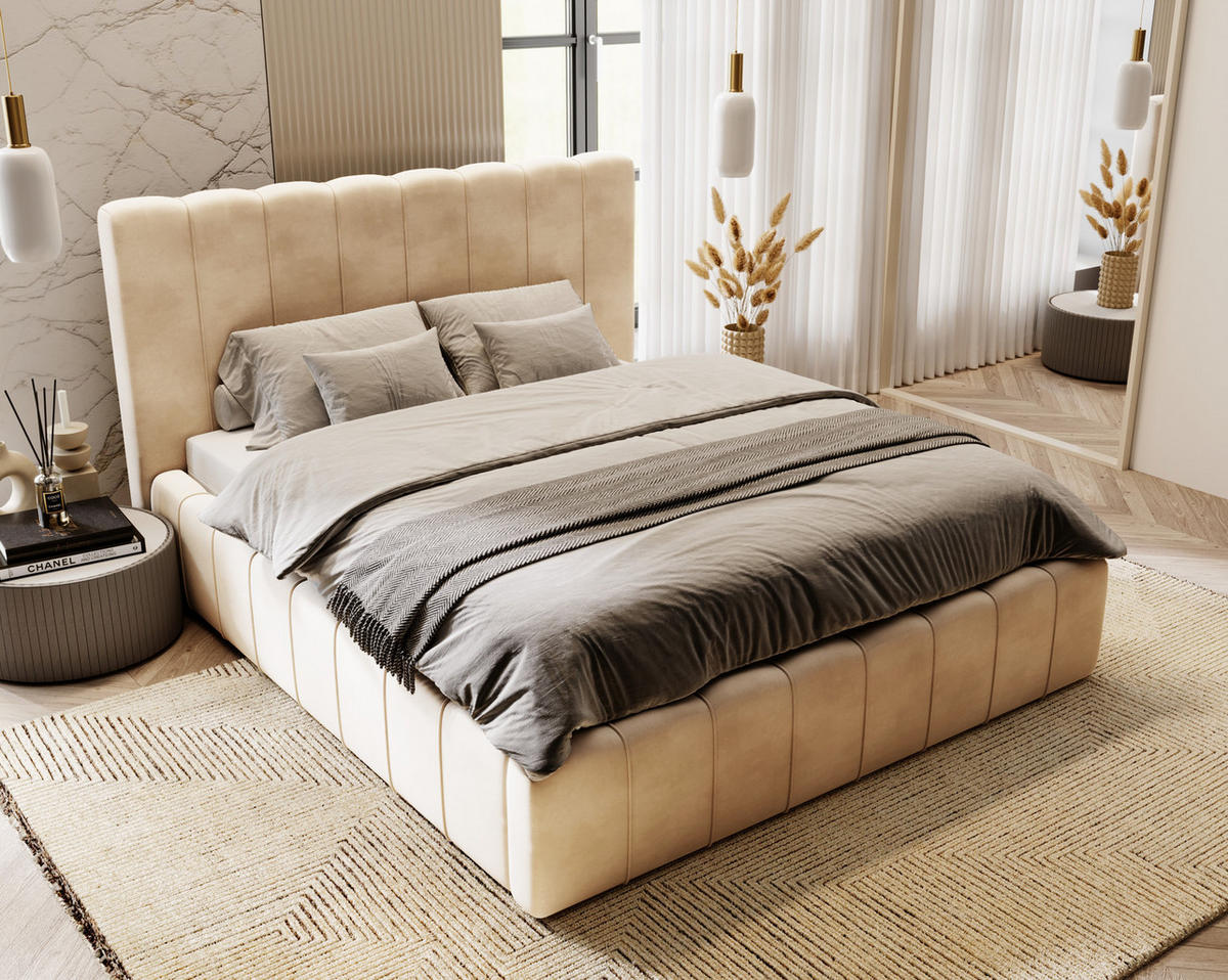 DOPPELBETT mit Bettkasten 200x200 Porto, Lattenrost, Beige - Beige, Holz/Textil (200/200cm) - Emporius