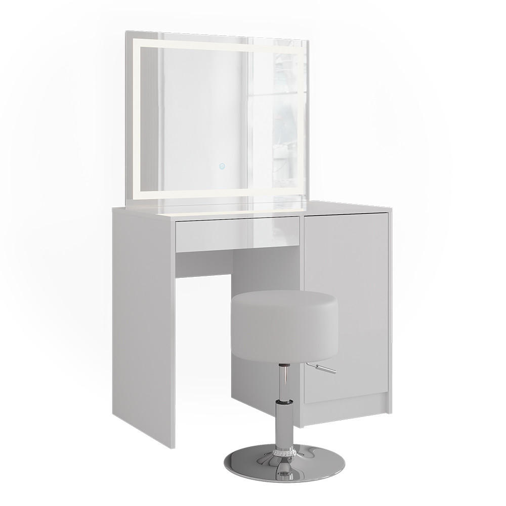 SCHMINKTISCH Sherry Weiß/Weiß Hochglanz 89.8 cm mit LED-Spiegel und Hocker - Weiß Hochglanz, Holzwerkstoff (89.8/76/50.1cm) - Vicco