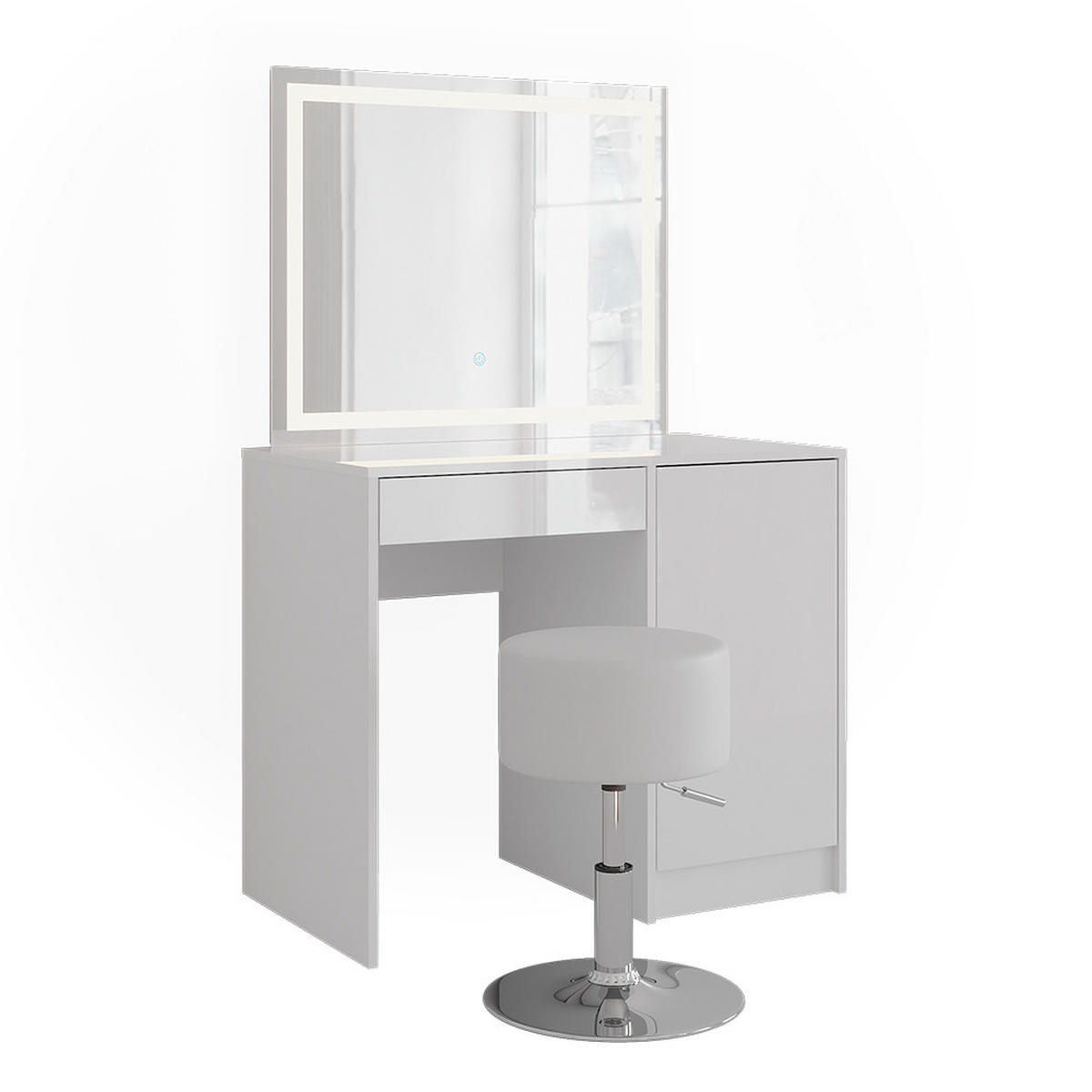 SCHMINKTISCH Sherry Weiß/Weiß Hochglanz 89.8 cm mit LED-Spiegel und Hocker - Weiß Hochglanz, Holzwerkstoff (89.8/76/50.1cm) - Vicco