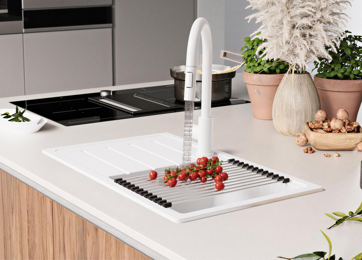 GRANITSPÜLE Kopenhagen Easy, 2-er set Weiß 70/44 cm 1 Becken + Küchenarmatur 32/20 cm + Ablauf-Set ab 45er Unterschrank - Chromfarben/Weiß, Kunststoff (70/20/44cm) - Primagran