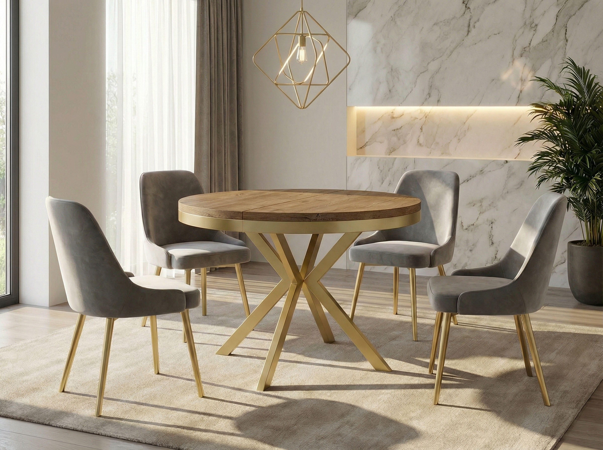 ESSTISCH Dina runder ausziehbarer, Lefkas Eiche 100-180/100/76 cm - Alteiche/Goldfarben, Holzwerkstoff/Metall (100/100/76cm) - WFL GROUP