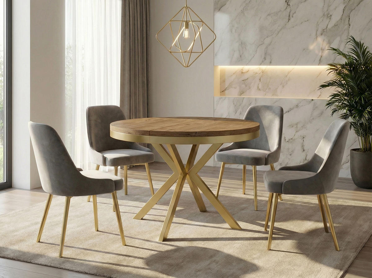 ESSTISCH Dina runder ausziehbarer, Lefkas Eiche 90-170/90/76 cm - Alteiche/Goldfarben, Holzwerkstoff/Metall (90/90/76cm) - WFL GROUP