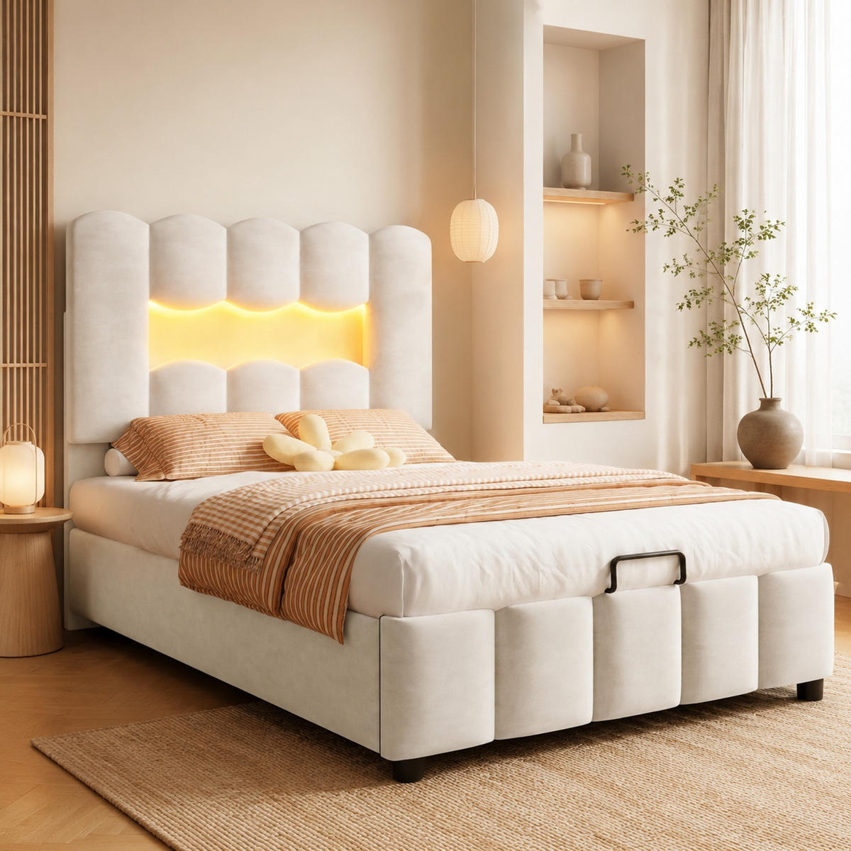 POLSTERBETT 90/200 mit hydraulischem Bettkasten, LED-Beleuchtung und verstellbarem Kopfteil in Beige - Beige, Holzwerkstoff/Textil (90/200cm) - EVRYAE