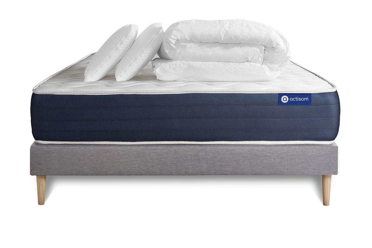 BETT Actiflex sleep Taschenfederkern und Memory-Schaum 140 x 190 cm h2 - Kit Bettgestell Grau - Mit Kissen und Bettdecke - Beige/Grau, Karton/Holz (140/190cm) - ACTISOM