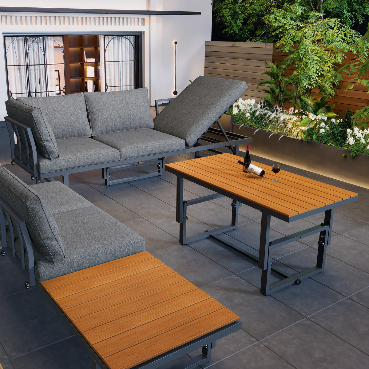 GARTENLOUNGE-SET mit 2 Sofas, Tisch Gartenlounge Set mit aller Sitzkissen und Kissen - Naturfarben/Grau, Holzwerkstoff/Textil - STILVORA