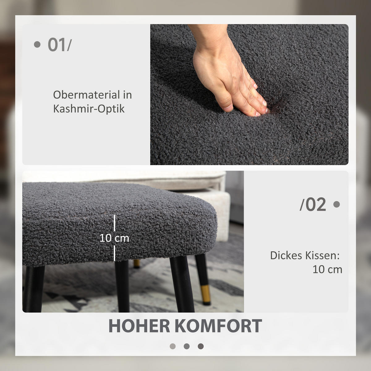 FUSSHOCKER Sitzhocker Quadratischer Schminkhocker mit Kaschmir-Optik, Stahlbeine - Dunkelgrau, Kunststoff (42/44/42cm) - HOMCOM