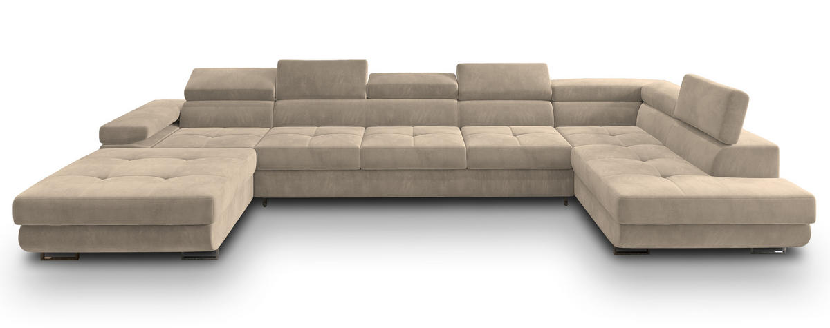 WOHNLANDSCHAFT TORIVA R-S Creme Velours-Stoff mit Schlaffunktion - Creme, Holz (418/90/202cm) - MASSENO