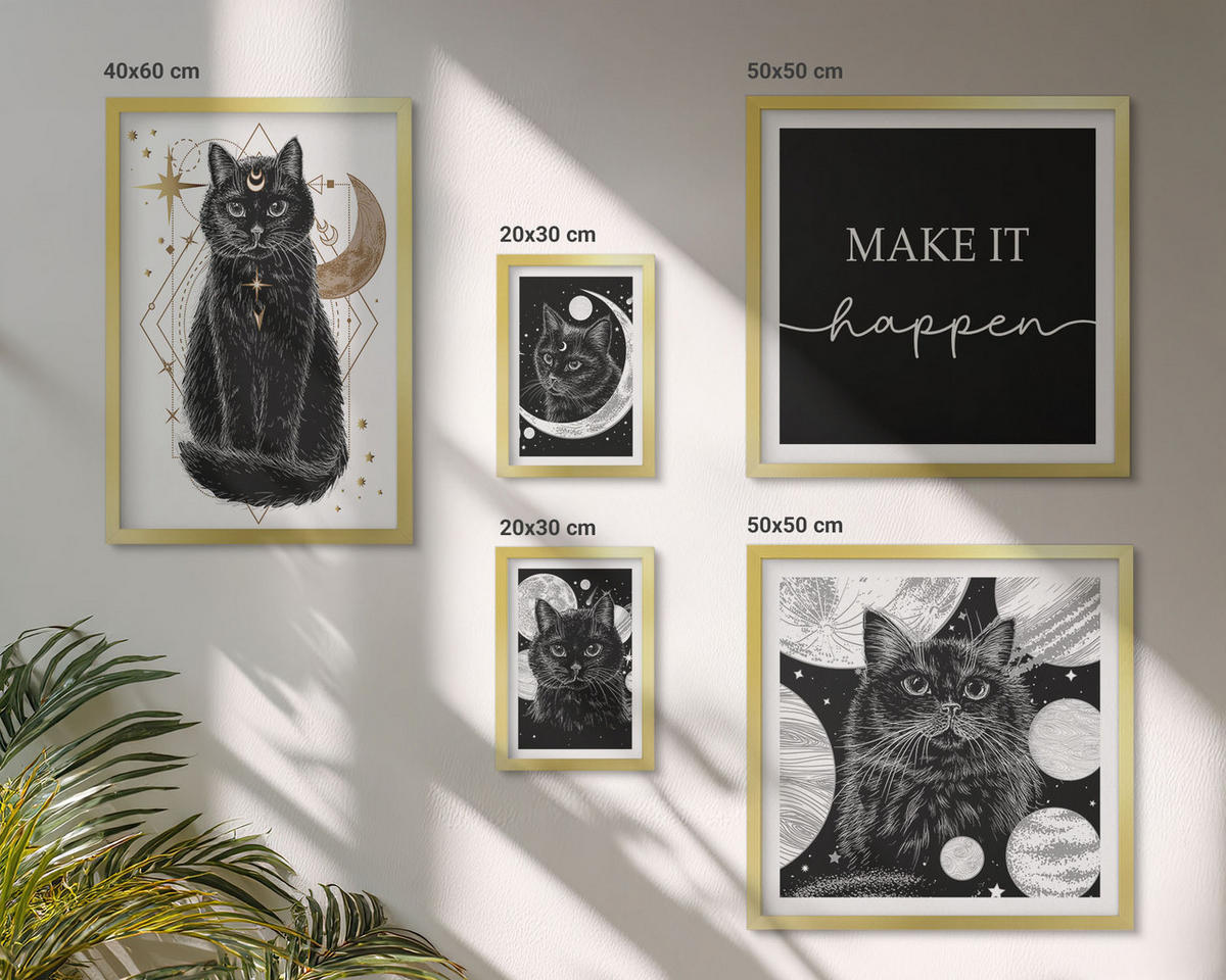 WANDBILDER 5er Set - 50x50 cm & 20x30 cm & 40x60 cm Goldrahmen - Schwarze Katzen, Mond, Planet - Goldfarben, Kunststoff (40/60cm) - ArtPrintCave