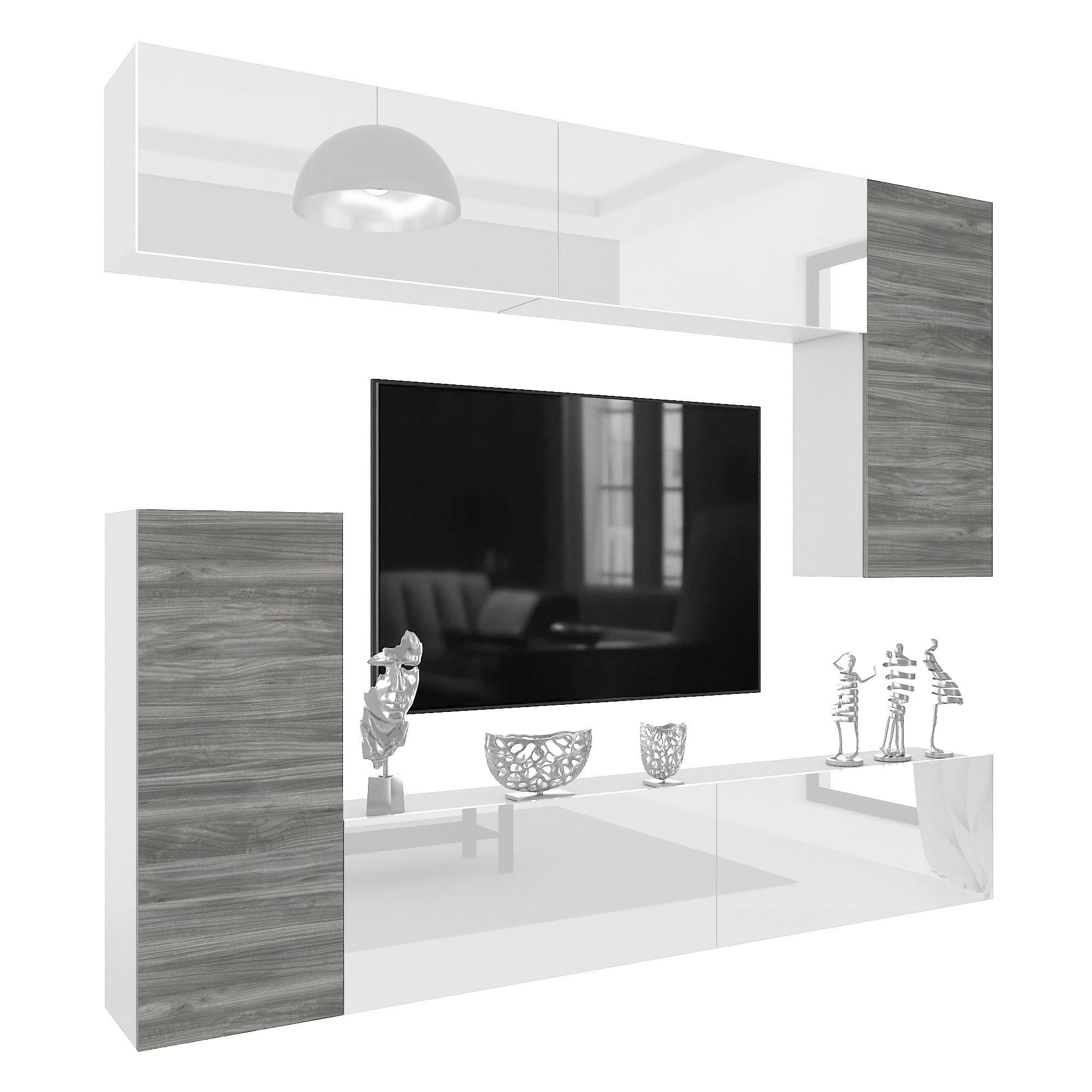 WOHNWAND Milano 8, Grau Matt/Weiß Hochglanz, 250 cm, Grifflos - Weiß, Holz (250/115/36cm) - B BELINI GROUP