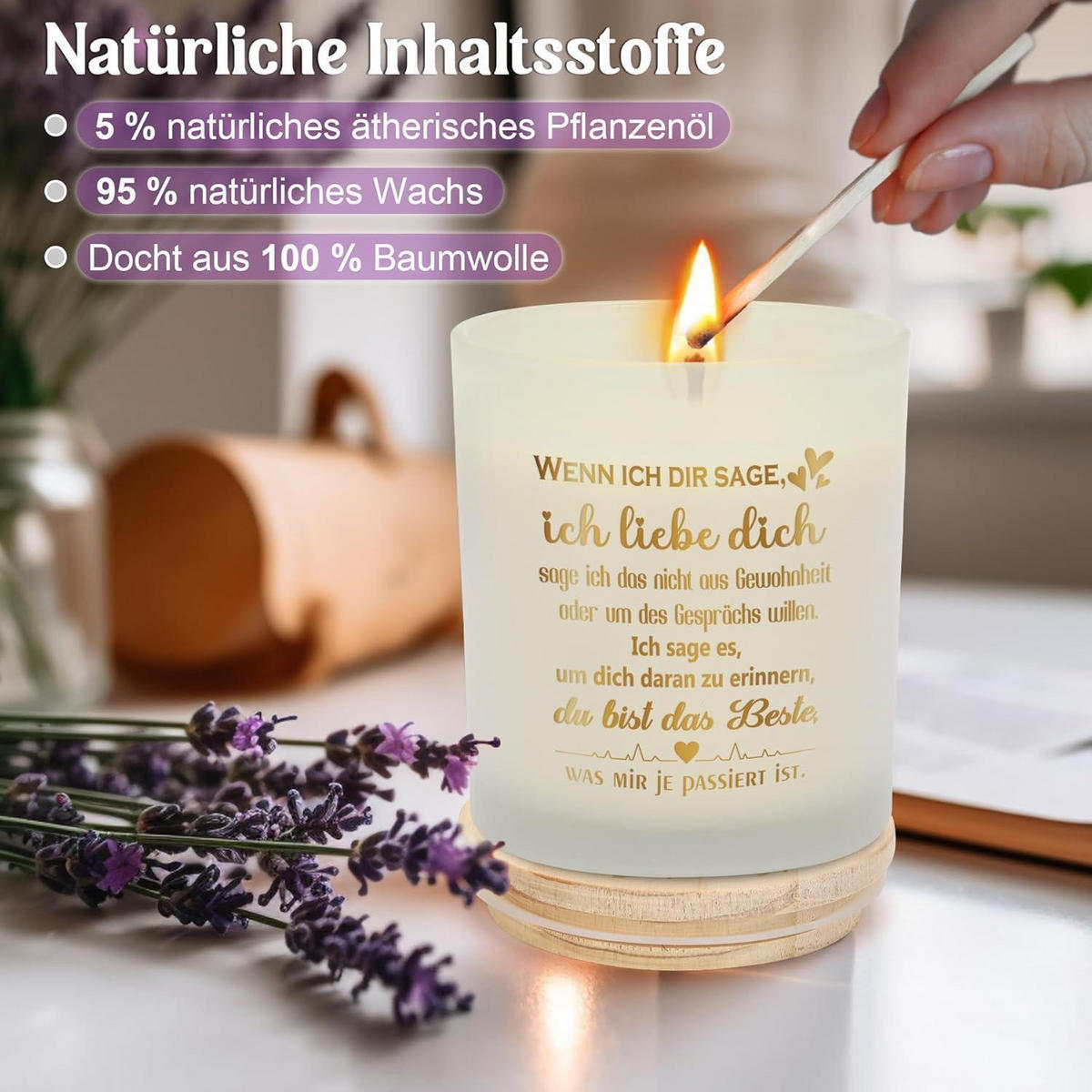 DUFTKERZE Lavendel "Ich liebe dich" Weiß 50 Stunden Brenndauer - Weiß, Paraffin (9cm)