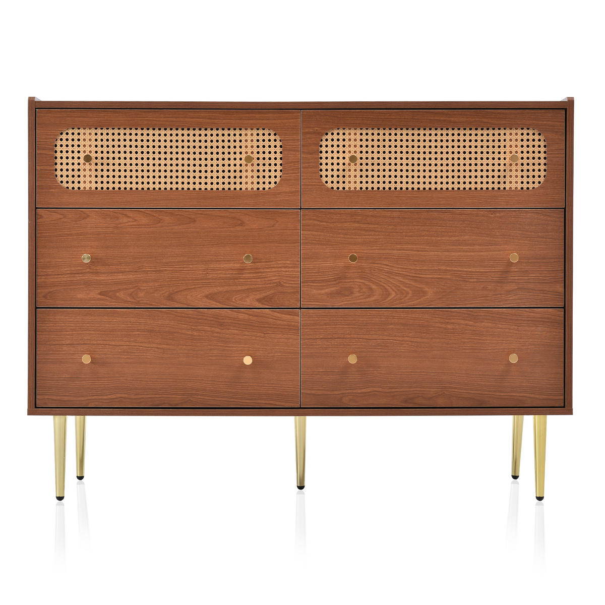 SIDEBOARD mit 6 Schubladen und Rattan-Elementen - Braun, Holzwerkstoff/Metall (120/90/40cm) - Urban Meuble