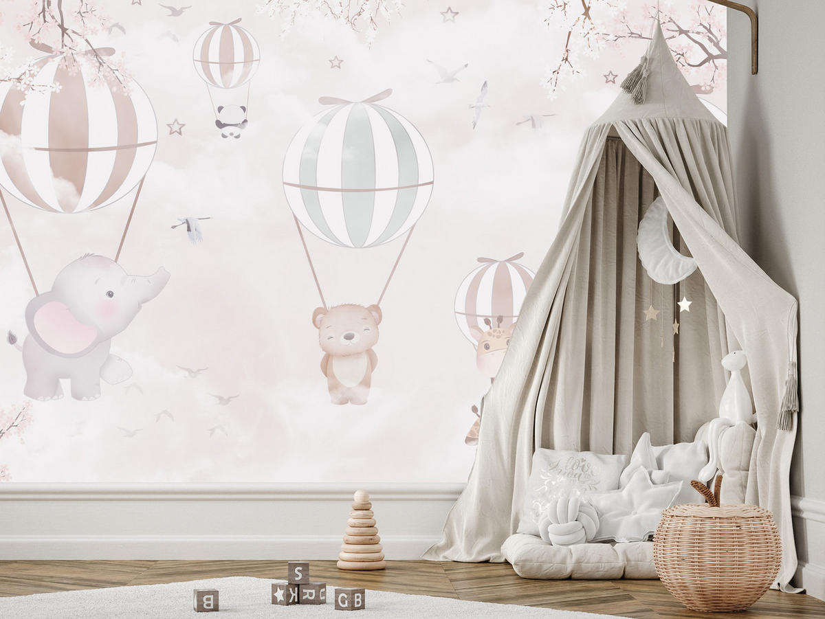 FOTOTAPETE für Kinderzimmer Tiere Himmel Elefant Giraffe Panda Vögel Ballons 500x350 - Multicolor, Papier (500/350cm) - Muralo