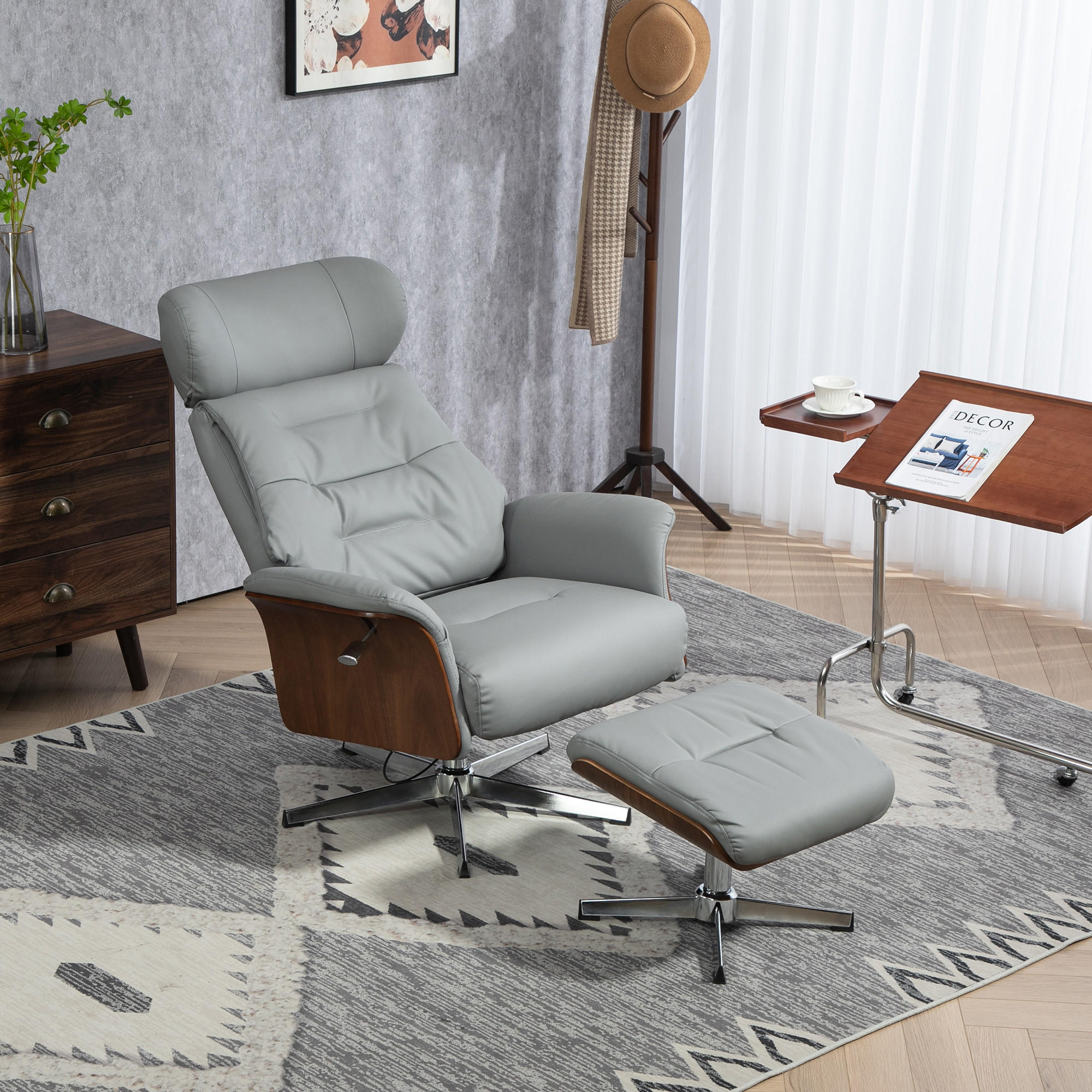 RELAXSESSEL mit Hocker, Fernsehsessel mit Liegefunktion, verstellbare Kopfstütze - Hellgrau, Kunststoff (84/108/80cm) - HOMCOM
