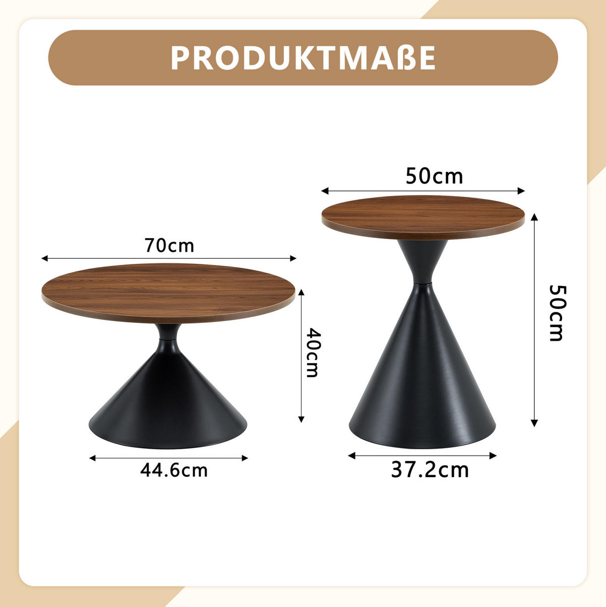 COUCHTISCH-SET 70/70/40 cm nussbaumfarben/schwarz aus Metall stapelbar - Walnussfarben, Metall (70/70/40cm) - OKWISH
