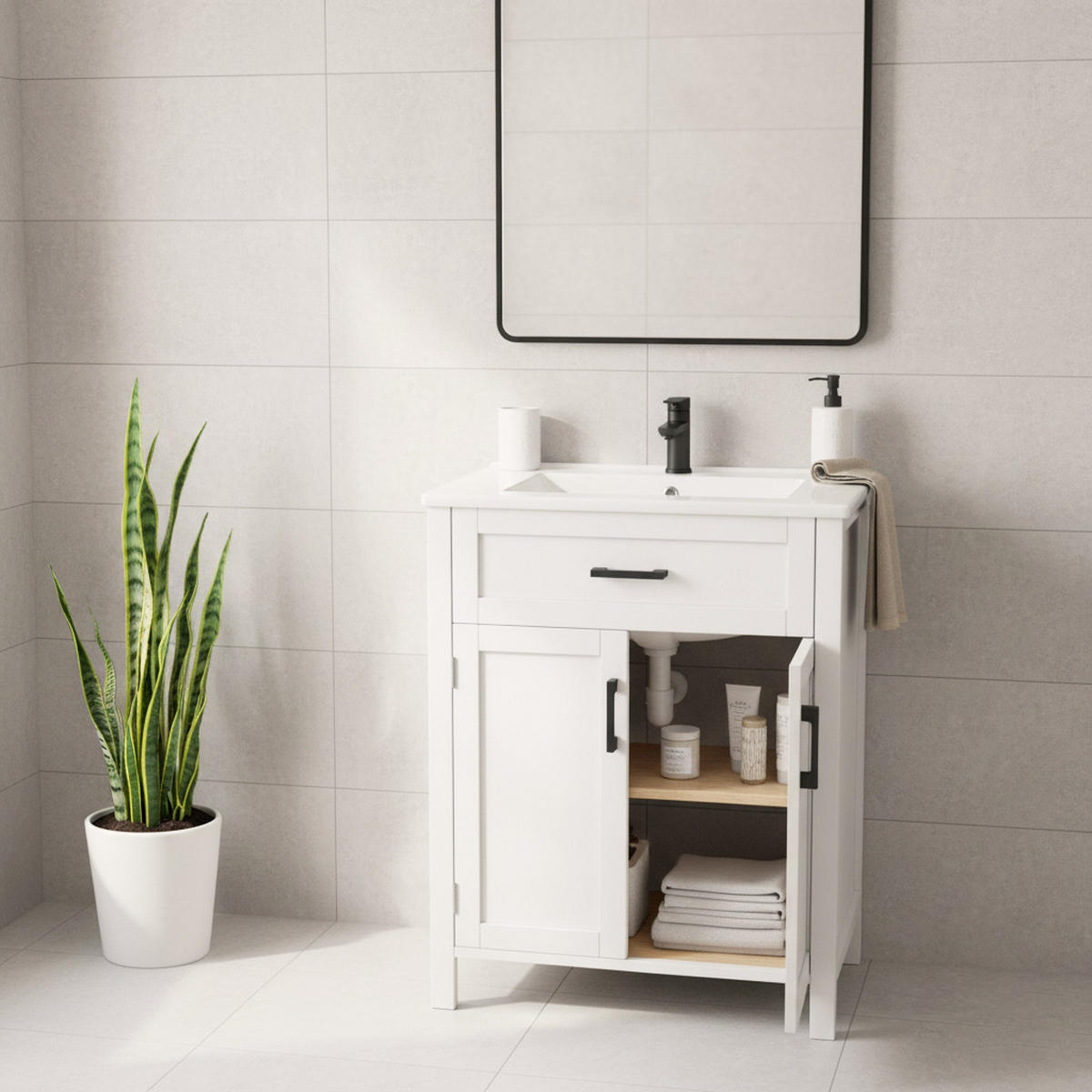 WASCHTISCHKOMBI Weiß freistehend mit Keramikbecken - Weiß, Keramik/Holzwerkstoff (60/84/46cm) - Urban Meuble