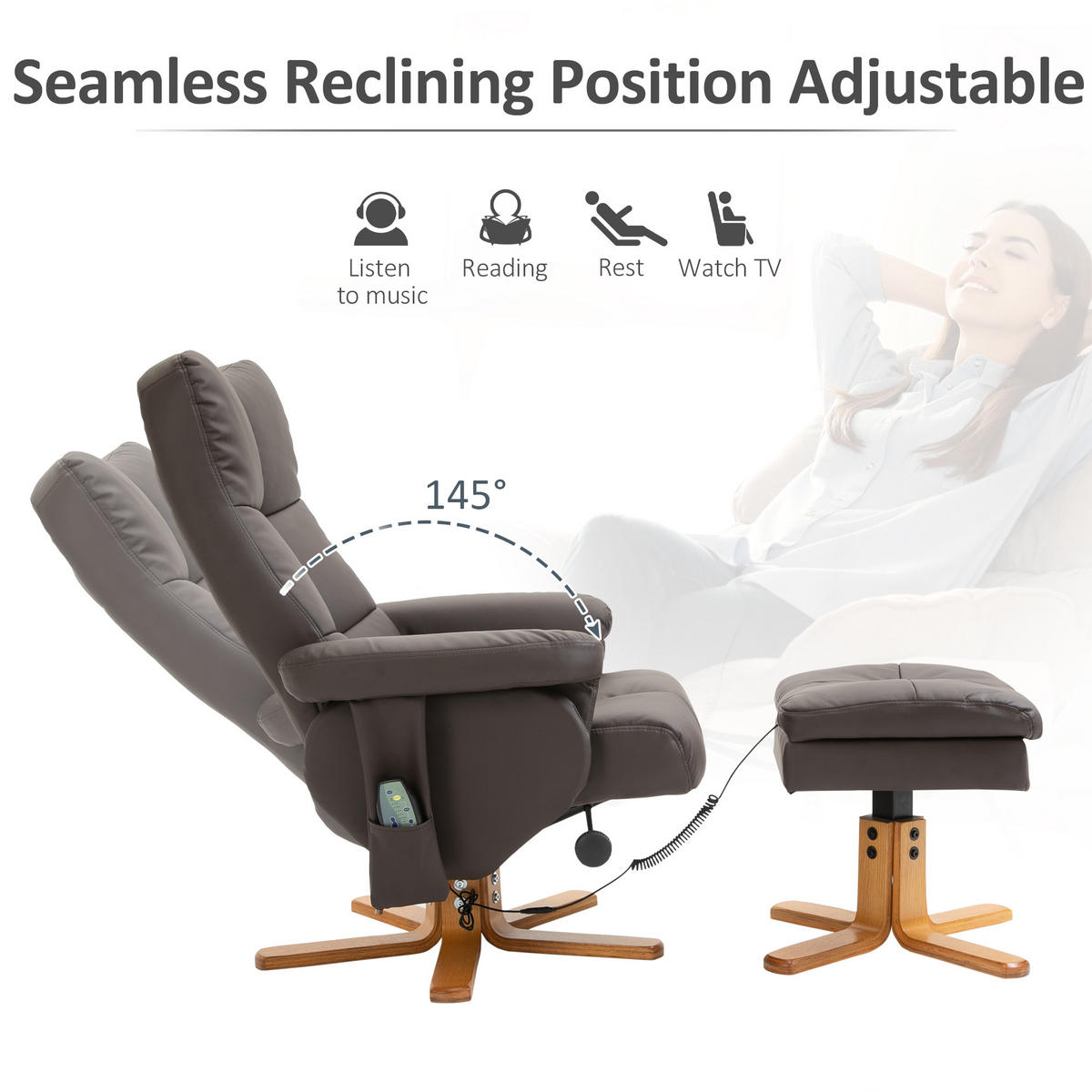 RELAXSESSEL mit Liegefunktion Massagesessel mit Fußhocker Polyester Braun - Braun, Leder/Holz (86/99/80cm) - HOMCOM