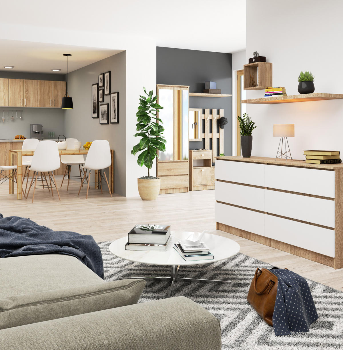 KOMMODE Eiche Sonoma, Weiß 77/160/40 - Weiß, Holzwerkstoff (160/77/40cm) - RAUMHIRSCH FURNITURE