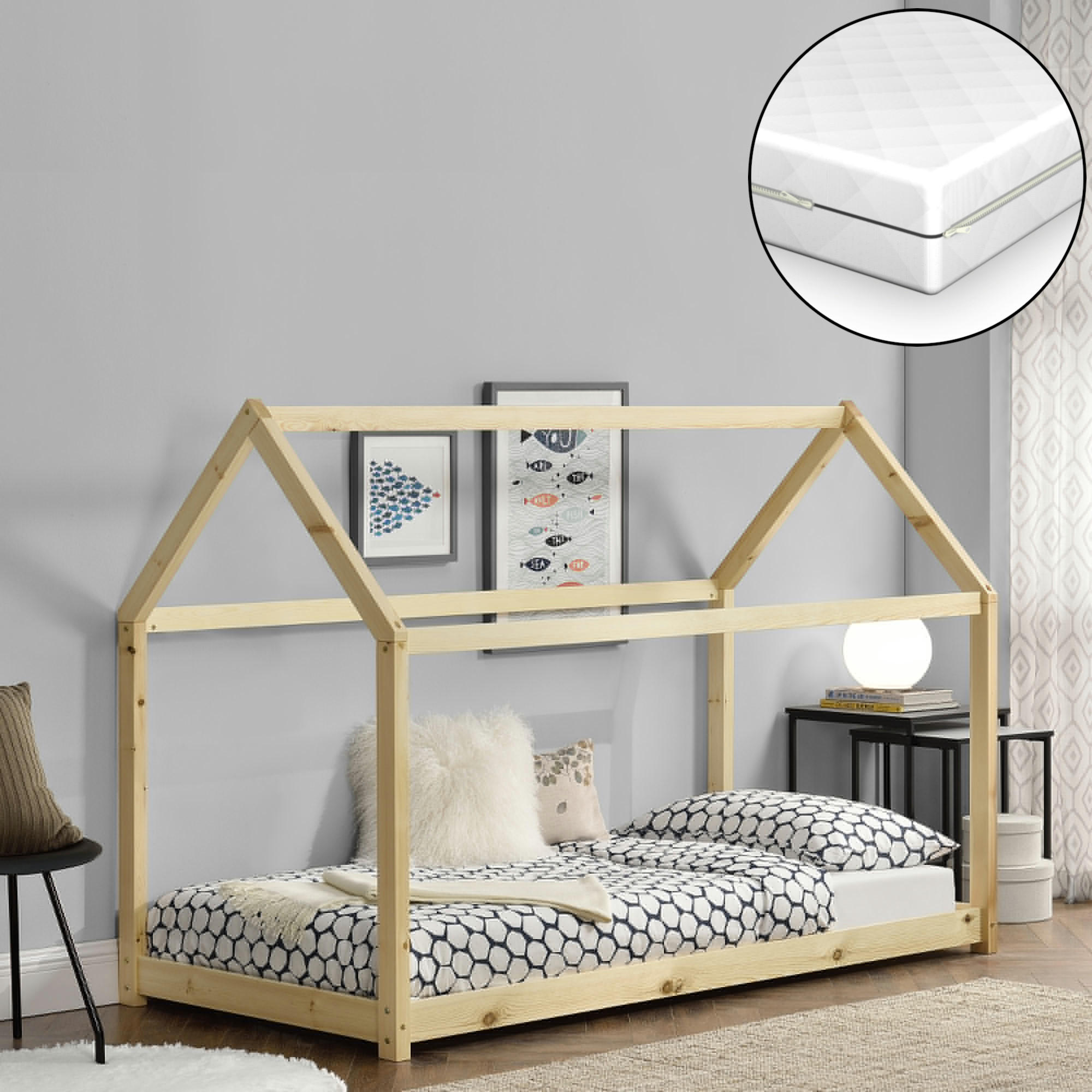 HAUSBETT Netstal mit Matratze - Naturfarben, Holz/Textil (80/160cm) - [en.casa]