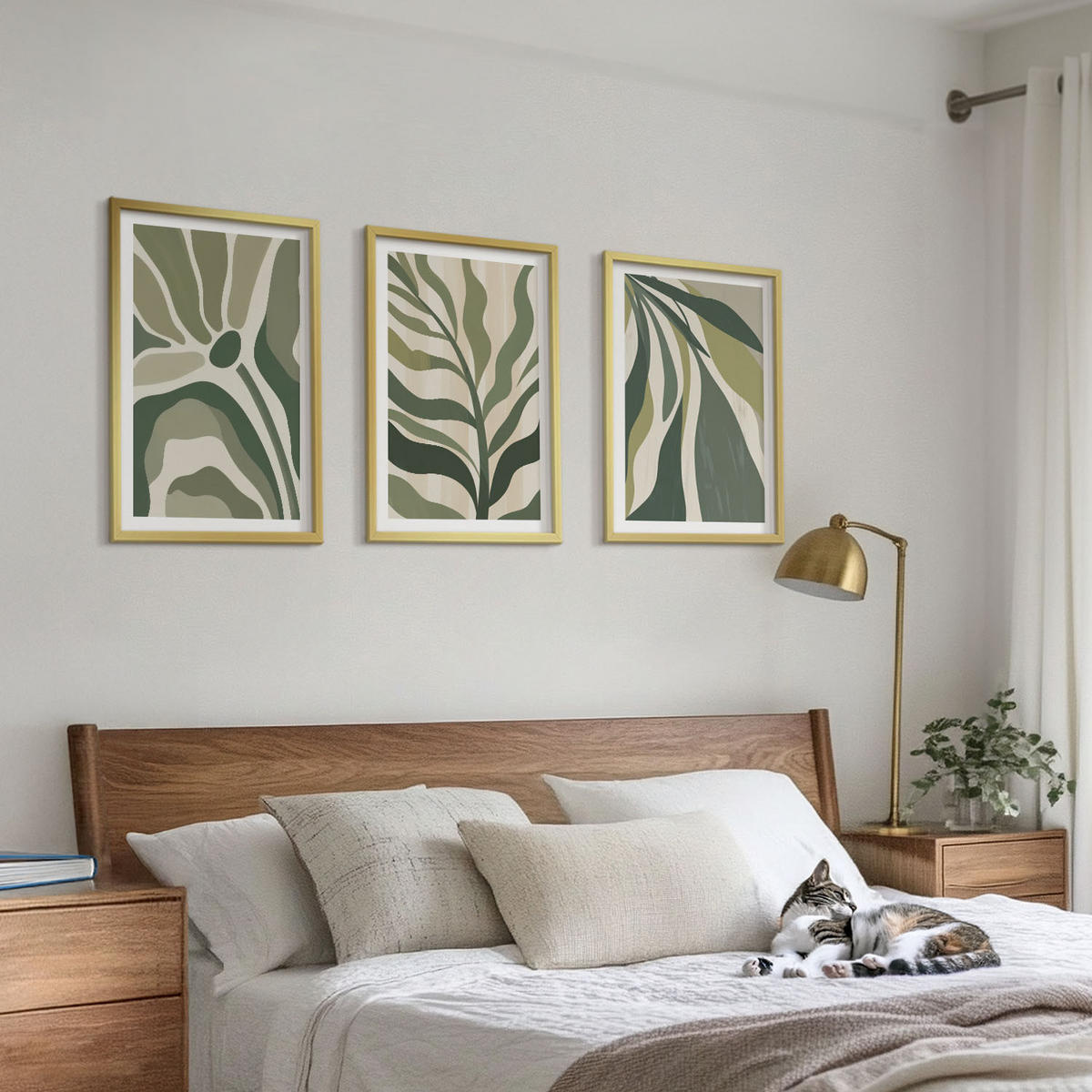 WANDBILDER 3er Set - 40x60 cm Goldrahmen - Illustrationen gemalter grüner Blätter - Goldfarben, Kunststoff (40/60cm) - ArtPrintCave