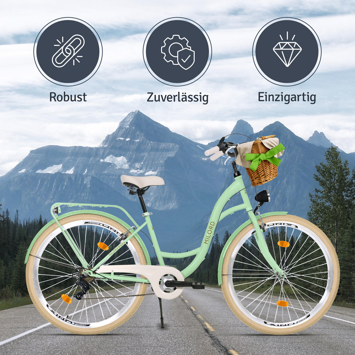 CITY-FAHRRAD Milord mit Weidenkorb, 28 Zoll, Mintze, 7-Gang - Creme/Grün, Metall (46cm) - Milordbikes