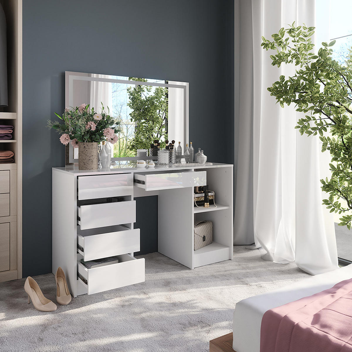 SCHMINKTISCH Sherry Weiß/Weiß Hochglanz 128.2 cm mit LED-Spiegel - Weiß Hochglanz, Holzwerkstoff (128.2/76/50.1cm) - Vicco