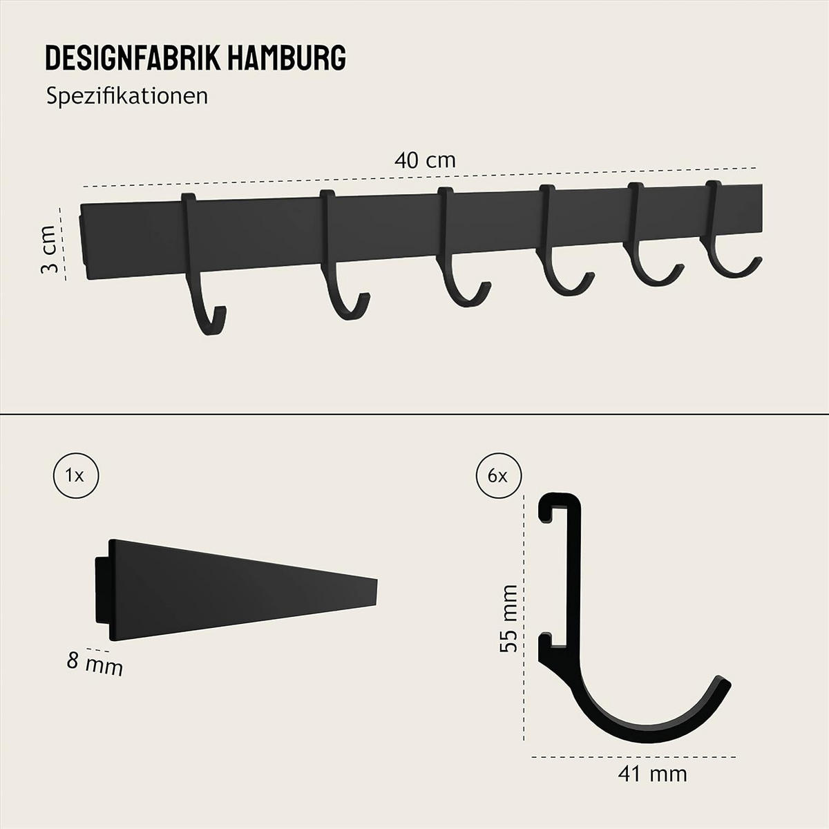 HAKENLEISTE KÜCHE SELBSTKLEBEND Matt Schwarz ohne Bohren - Schwarz, Metall (40/3/1cm) - Designfabrik Hamburg