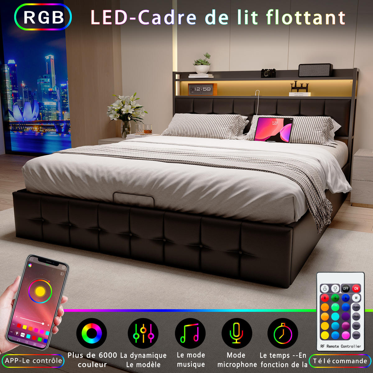 POLSTERBETT 140x190 SCHWARZ LED - Schwarz, Holzwerkstoff (140/200cm) - SHOPENTRA