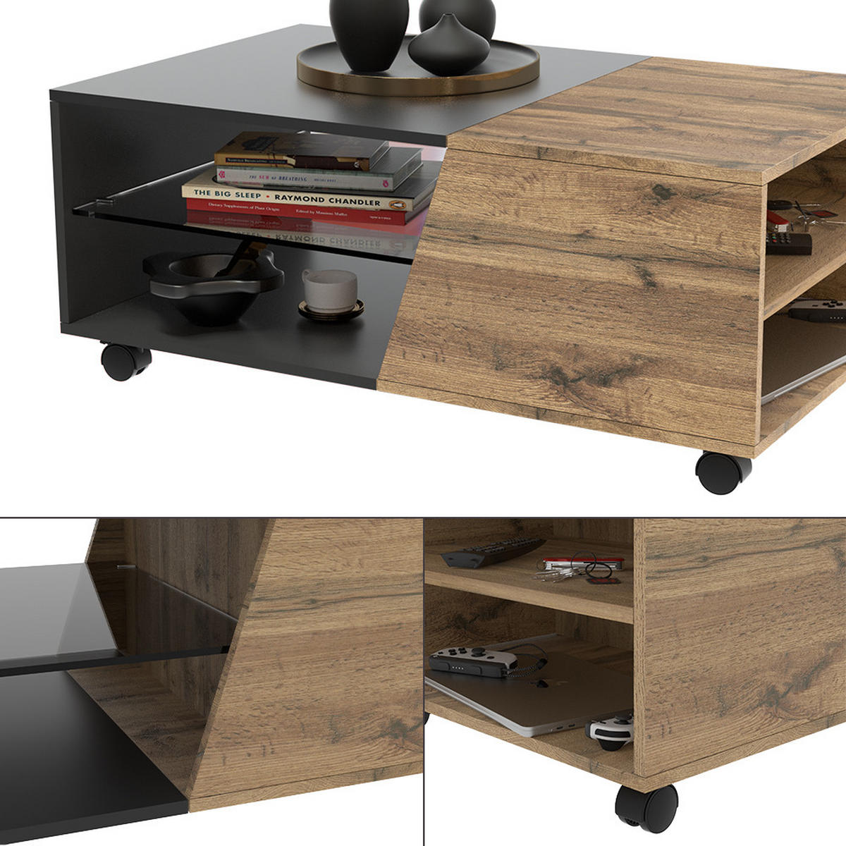 COUCHTISCH Yukon Holz 100 x 60 cm - Schwarz/Naturfarben, Holzwerkstoff (60/100/40cm) - Vicco