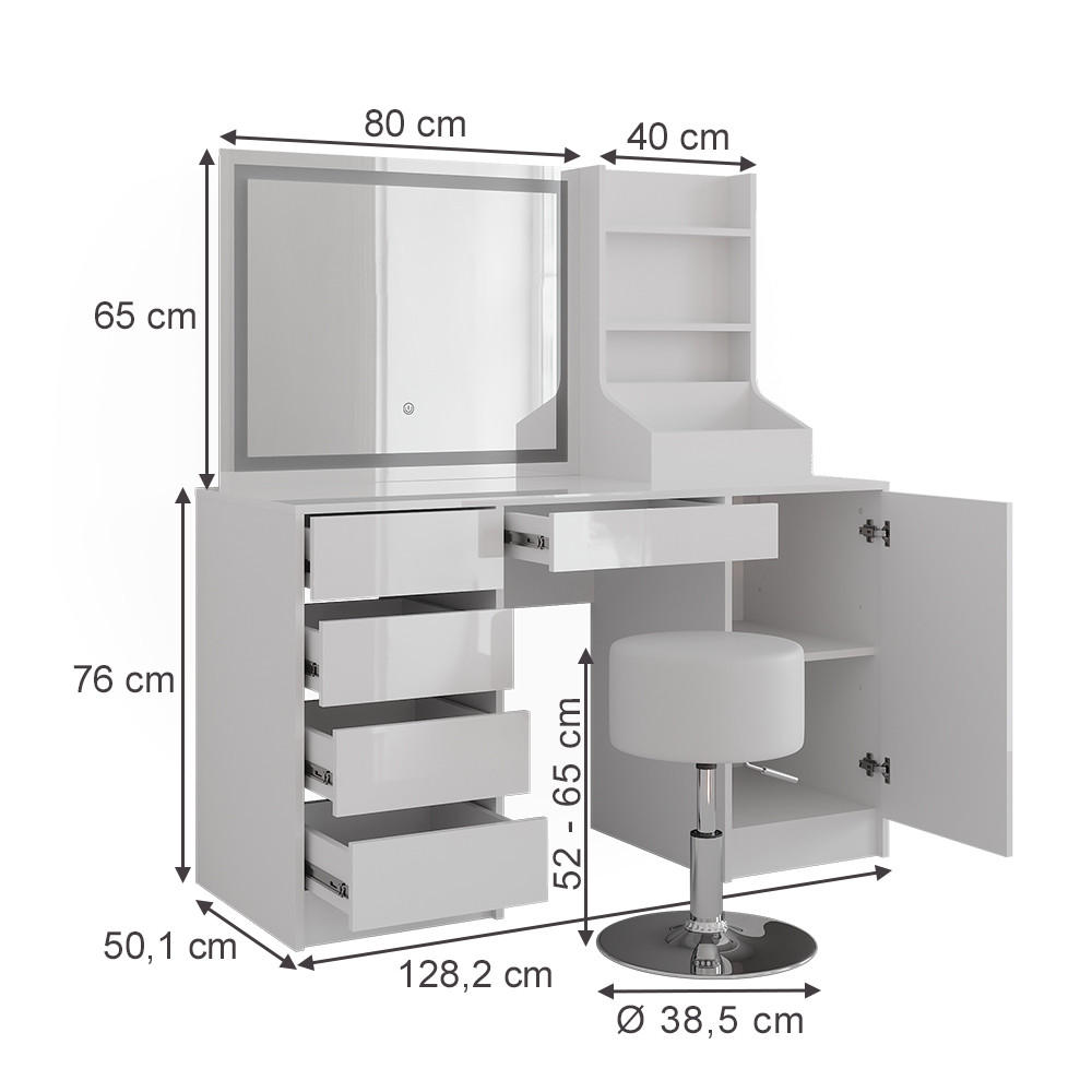 SCHMINKTISCH Sherry Weiß/Weiß Hochglanz 128.2 cm 4 Teile - Weiß Hochglanz, Holzwerkstoff (128.2/76/50.1cm) - Vicco