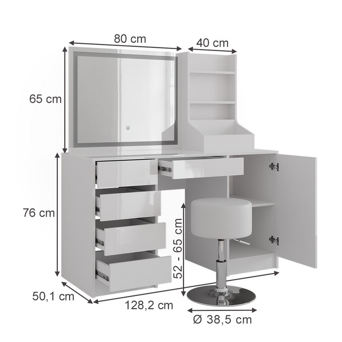 SCHMINKTISCH Sherry Weiß/Weiß Hochglanz 128.2 cm 4 Teile - Weiß Hochglanz, Holzwerkstoff (128.2/76/50.1cm) - Vicco
