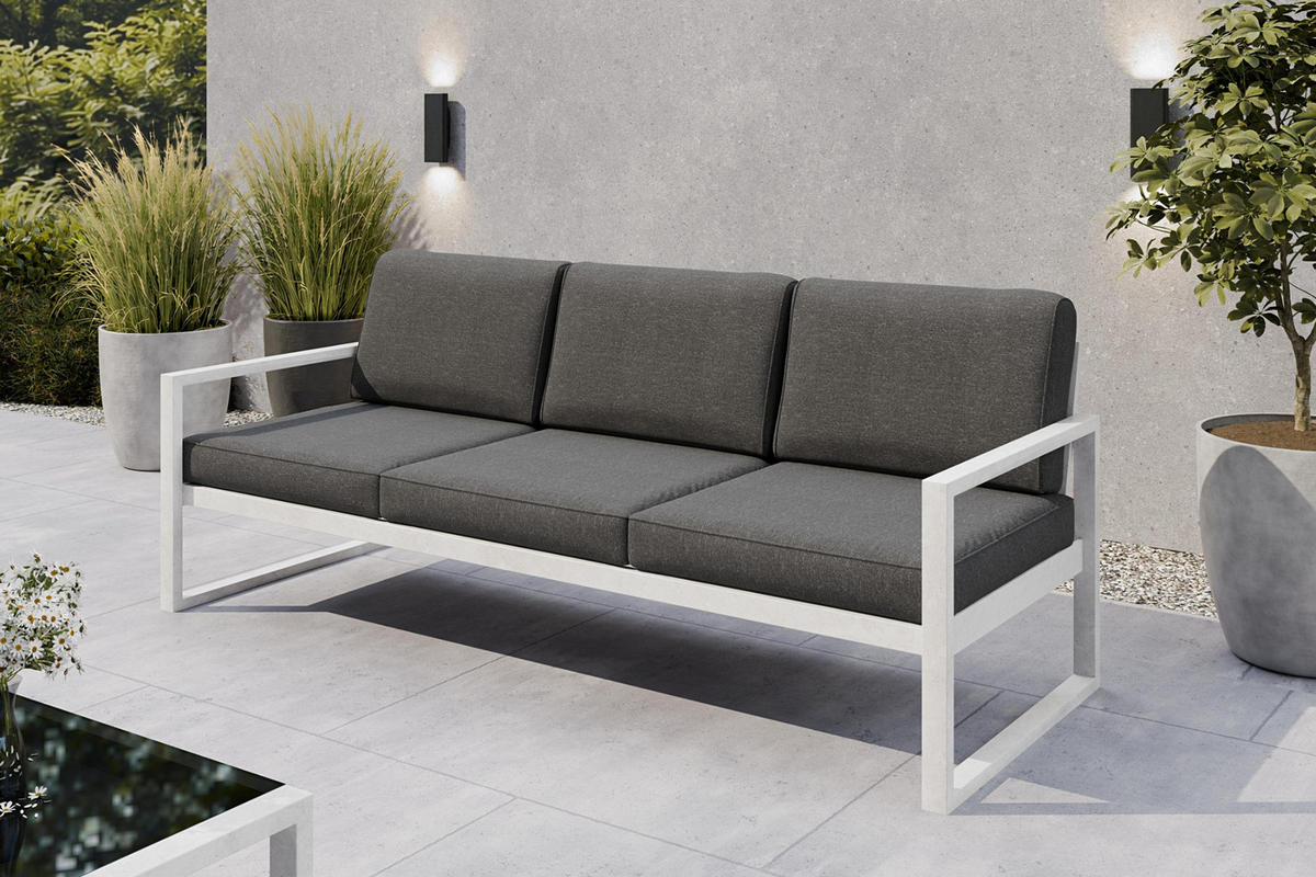 GARTENSET Madera für 6 Personen Balkonmöbel Aluminium Terassenmöbel Sitzbank, 4-tlg. Tisch, weiß, dunkelgrau - Dunkelgrau/Weiß, Kunststoff/Metall - Margaret Hadas24